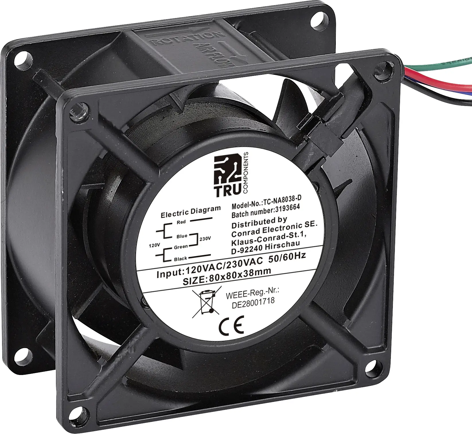 Осевой вентилятор TRU COMPONENTS TC-NA8038-D, 230 В переменного тока, 120 В переменного тока, 85 м³/ч, (Д x Ш x В) 80 x 80 x 38 мм
