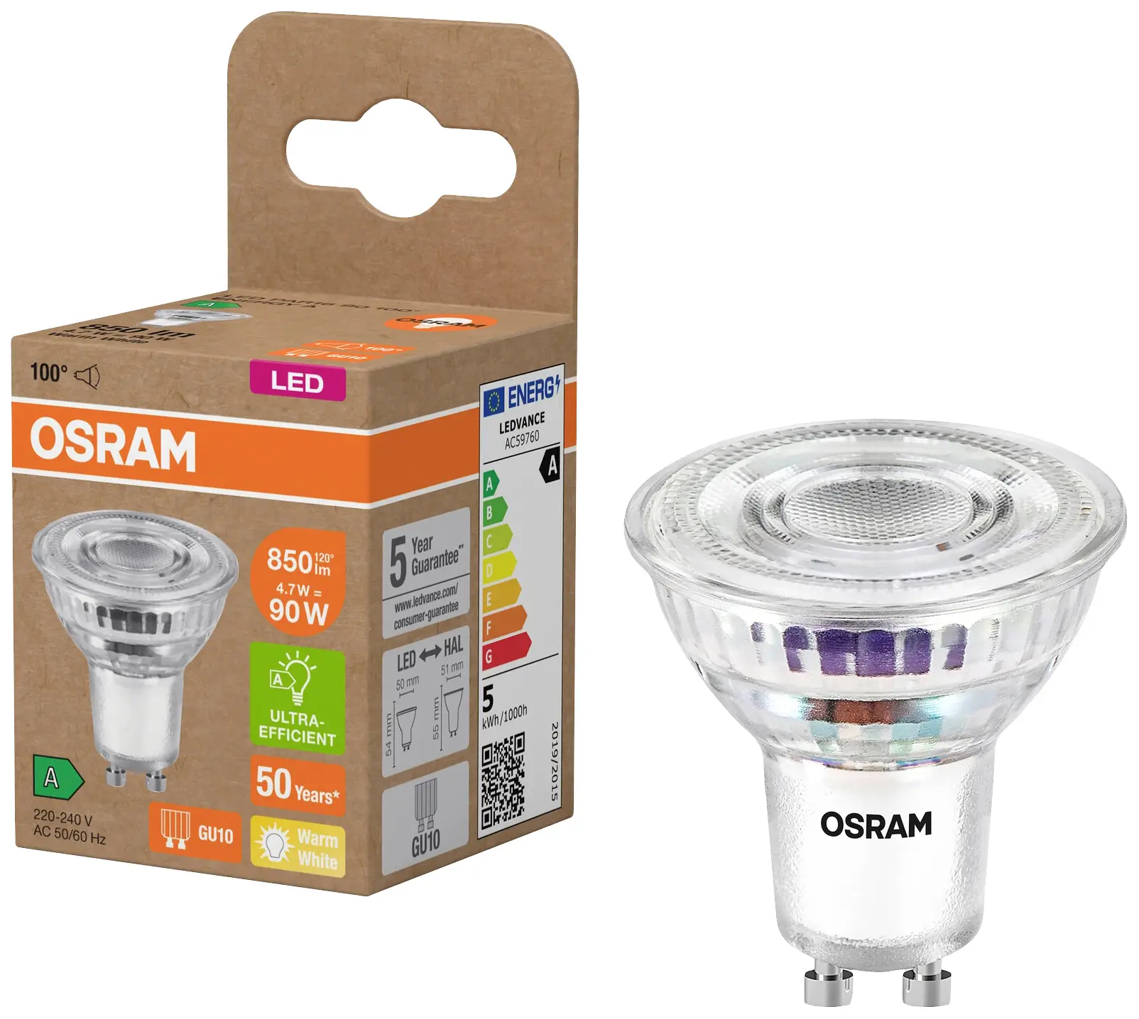 Світлодіодна лампа-прожектор OSRAM HOMELIGHTING 4099854267840 GU10 4.7 Вт = 90 Вт 840 лм теплий білий 1 шт.