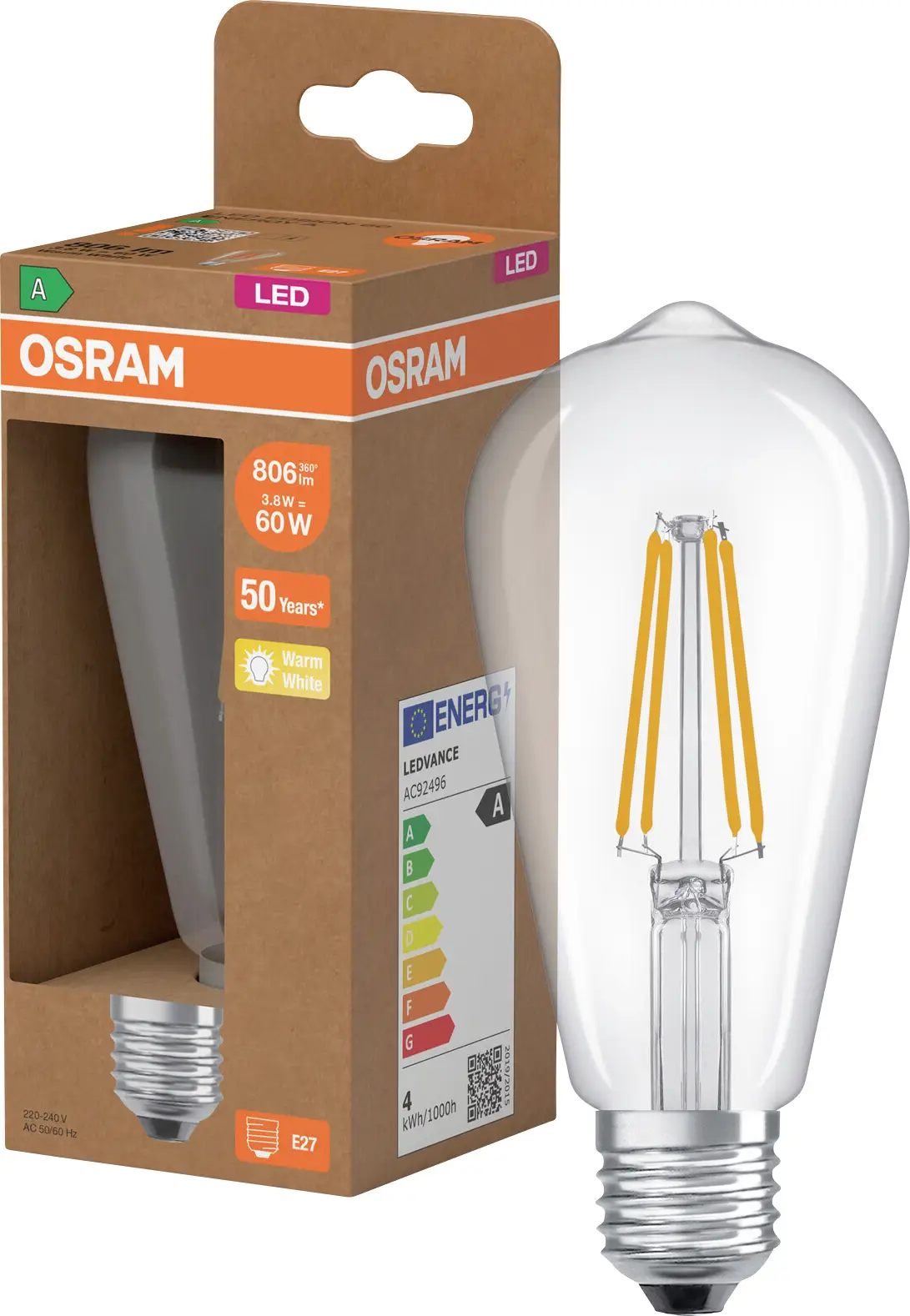 Світлодіодна лампа OSRAM HOMELIGHTING 4099854235634 E-27 3,8 Вт = 60 Вт 806 лм теплий білий 1 шт.