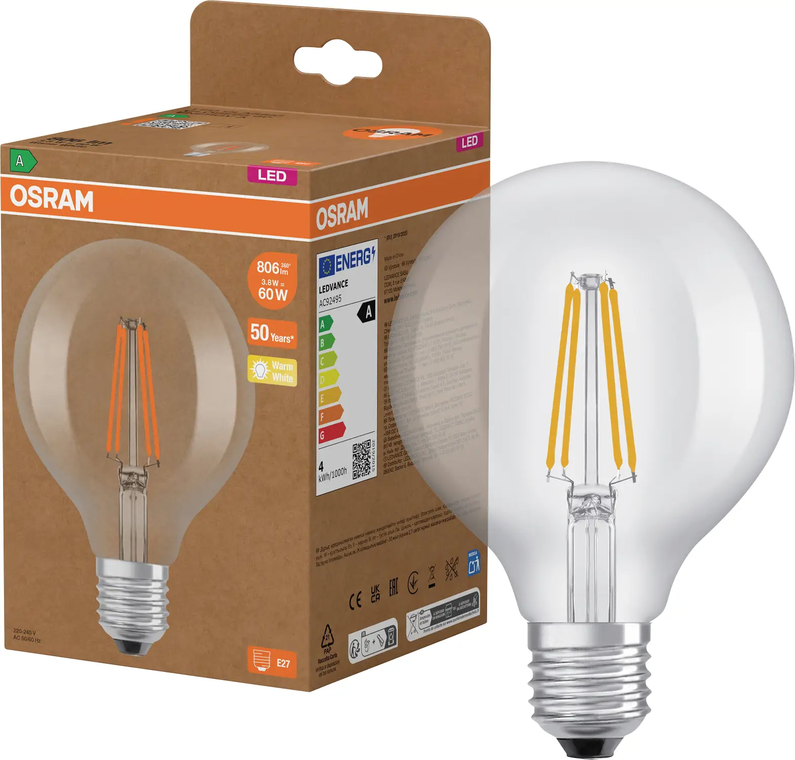 Світлодіодна лампа OSRAM HOMELIGHTING 4099854235436 E-27 3,8 Вт = 60 Вт 806 лм теплий білий 1 шт.