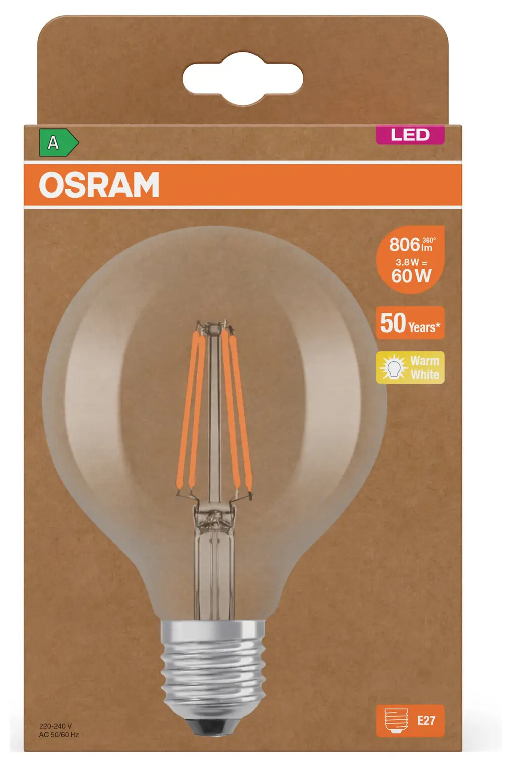 Светодиодная лампа OSRAM HOMELIGHTING 4099854235436 E-27 3,8 Вт = 60 Вт 806 лм, теплый белый свет, 1 шт.