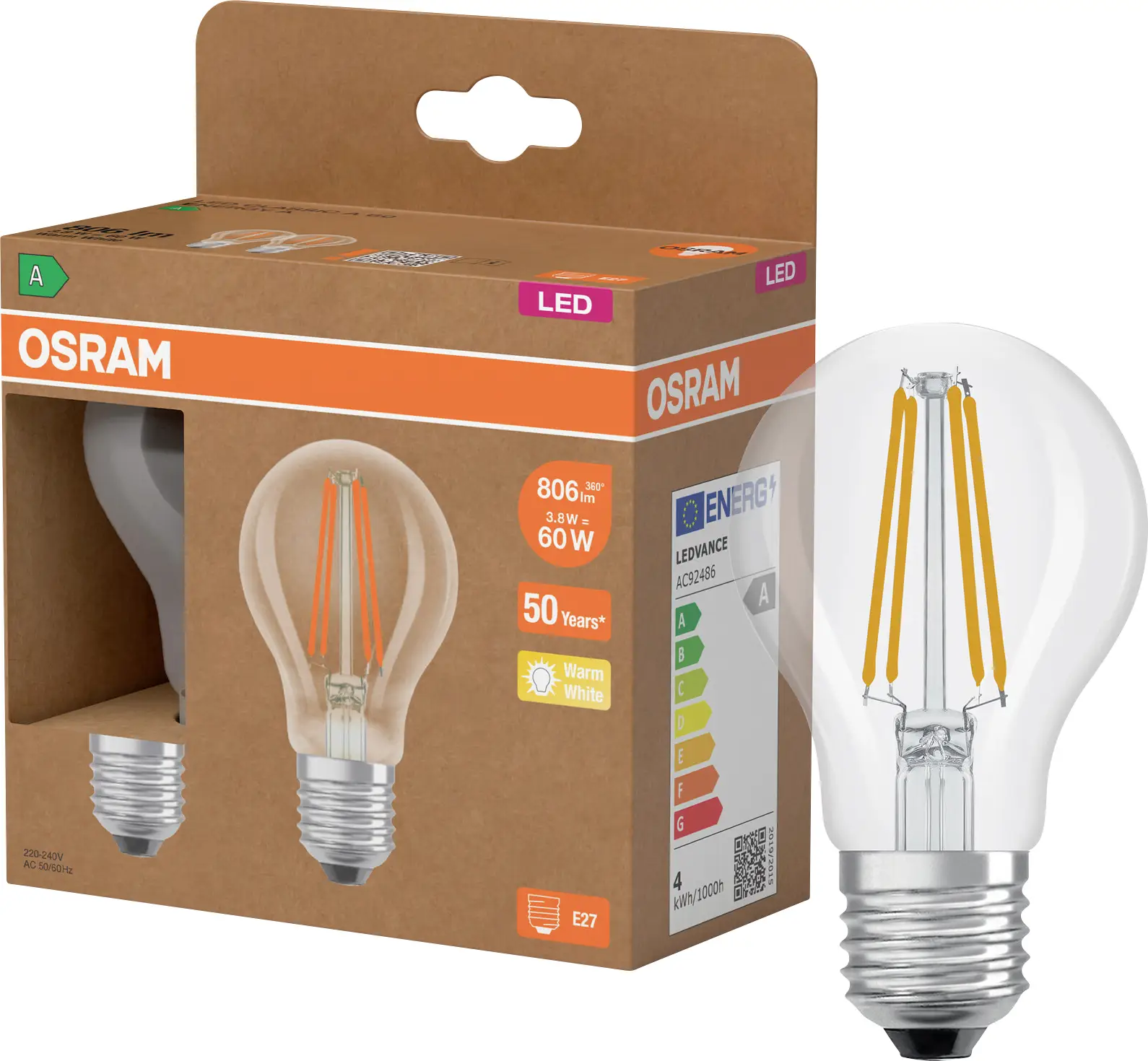Светодиодная лампа OSRAM HOMELIGHTING 4099854253508 E-27 3,8 Вт = 60 Вт 806 лм теплый белый 2 шт.