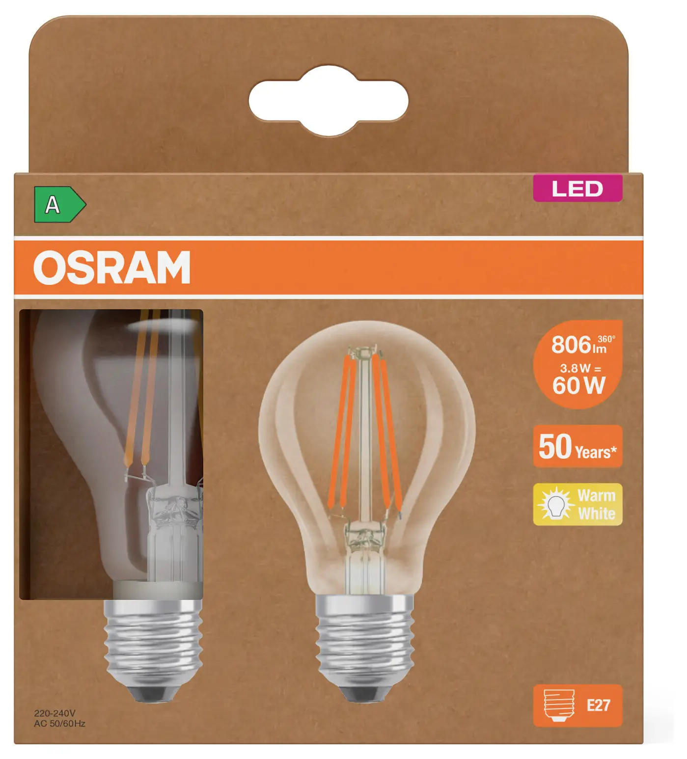 Светодиодная лампа OSRAM HOMELIGHTING 4099854253508 E-27 3,8 Вт = 60 Вт 806 лм теплый белый 2 шт.