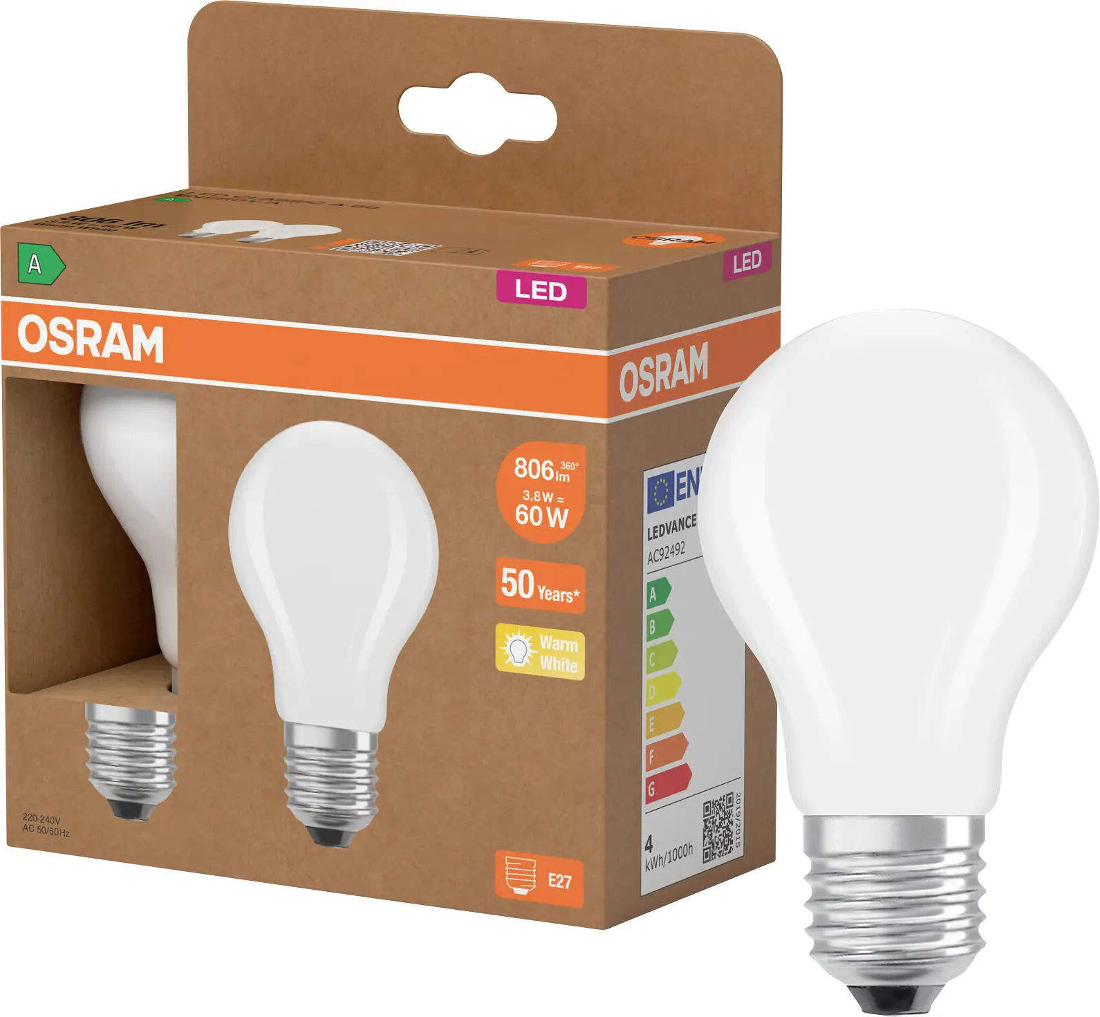 Світлодіодна лампа OSRAM HOMELIGHTING 4099854253522 E-27 3,8 Вт = 60 Вт 806 лм теплий білий 2 шт.