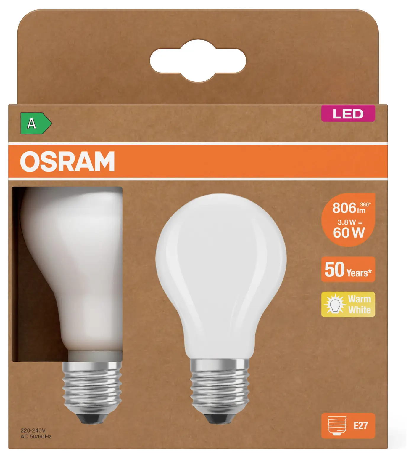 Светодиодная лампа OSRAM HOMELIGHTING 4099854253522 E-27 3,8 Вт = 60 Вт 806 лм, теплый белый свет, 2 шт.