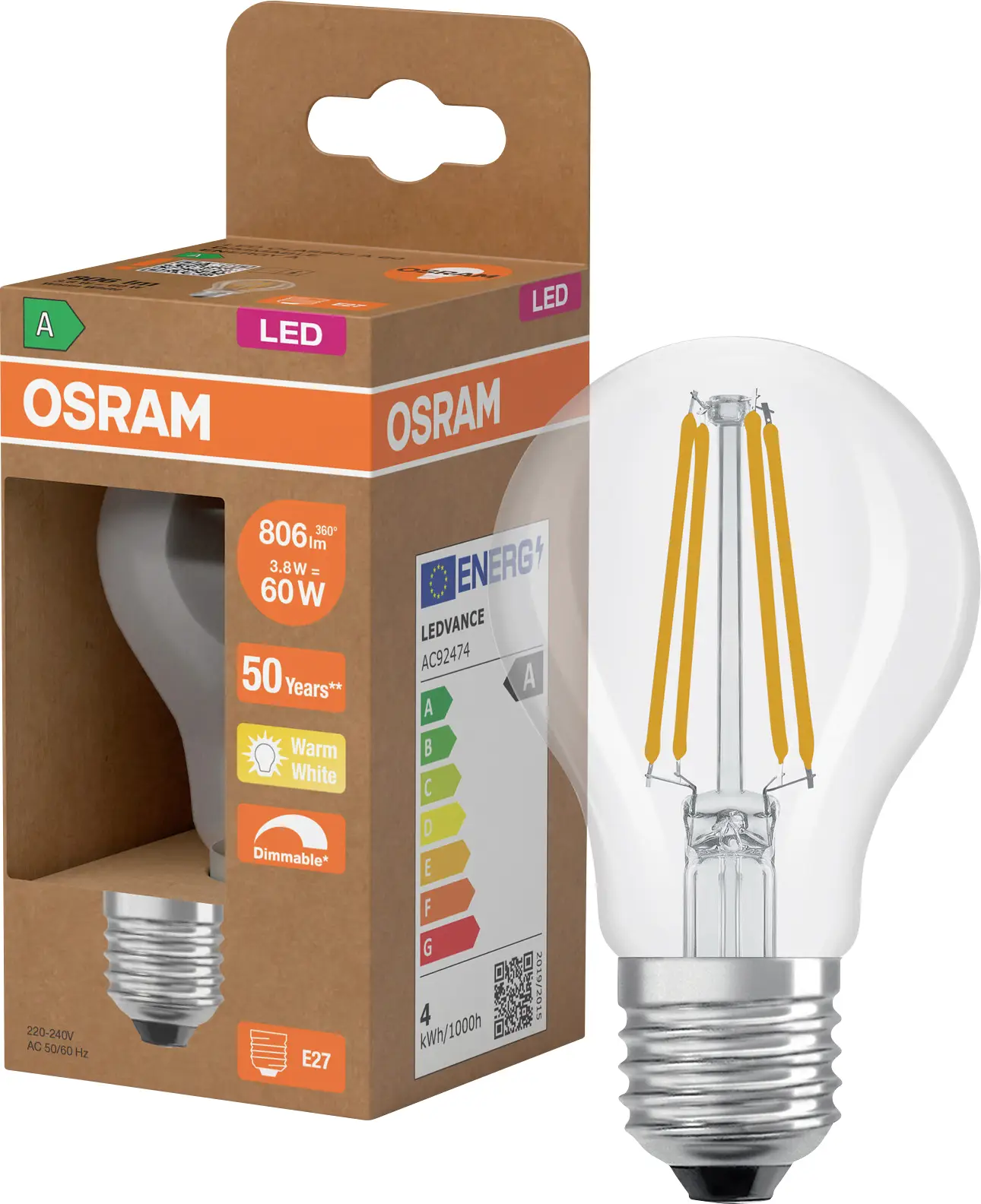 Світлодіодна лампа OSRAM HOMELIGHTING 4099854265488 E-27 3,8 Вт = 60 Вт 806 лм теплий білий 1 шт.