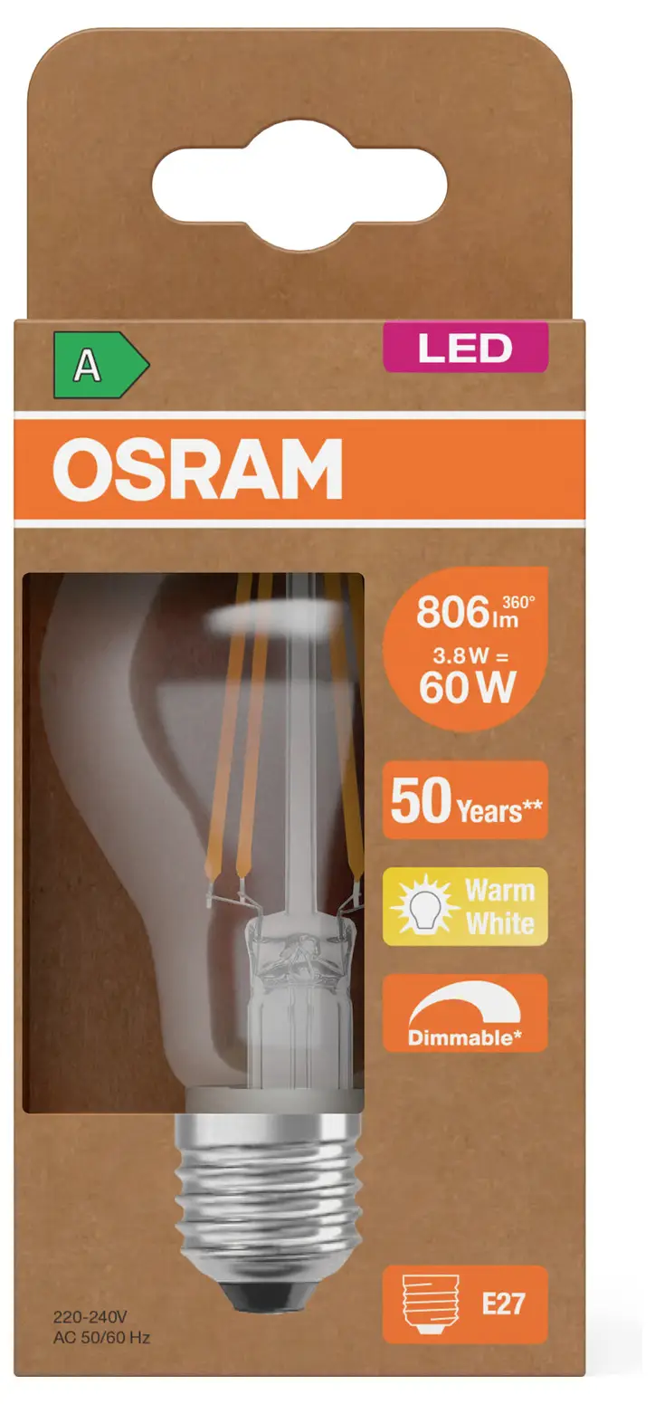 Світлодіодна лампа OSRAM HOMELIGHTING 4099854265488 E-27 3,8 Вт = 60 Вт 806 лм теплий білий 1 шт.