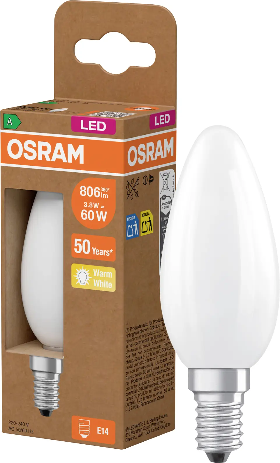 Светодиодная лампа OSRAM HOMELIGHTING 4099854255717 E14 3,8 Вт = 60 Вт 806 лм теплый белый 1 шт.