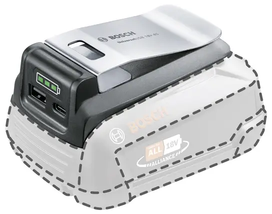 Зарядная станция Bosch Home and Garden 1600A02WS1 с USB-портом и индикатором уровня заряда.