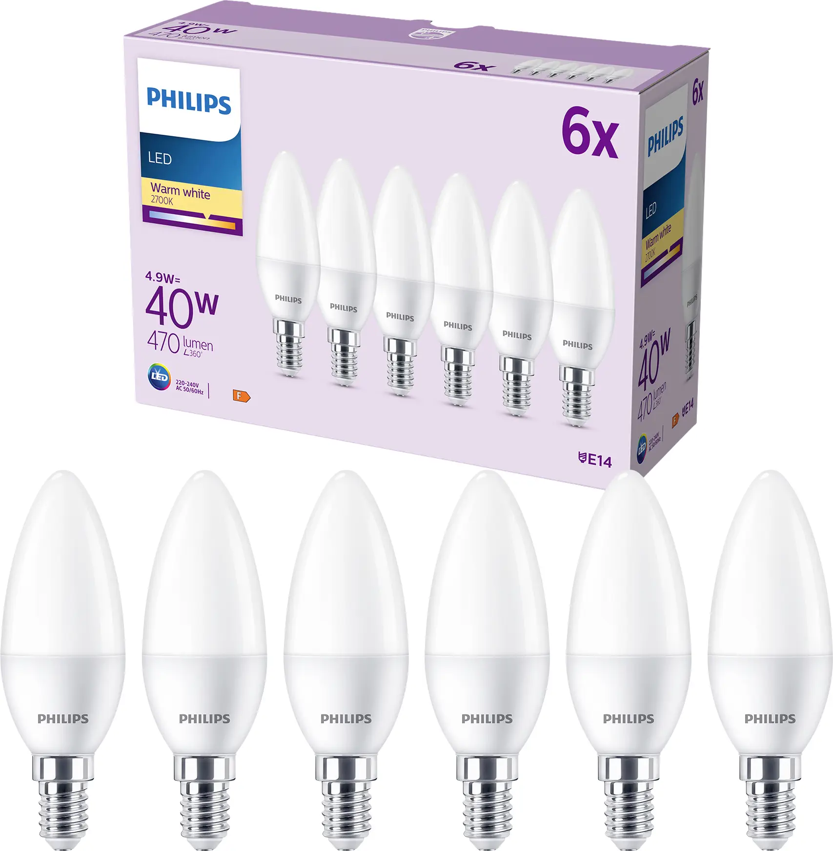 Светодиодная лампа Philips LED 9290035411 E14 4,9 Вт = 40 Вт 470 лм теплый белый 6 шт.