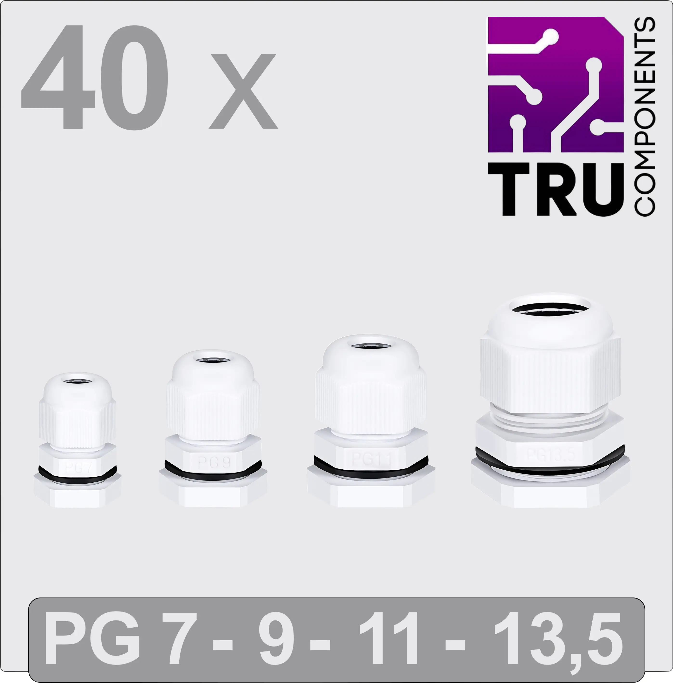 TRU COMPONENTS TC-13448632 Кабельний ввід PG7, PG9, PG11, PG13.5, поліамід, білий, 40 шт.