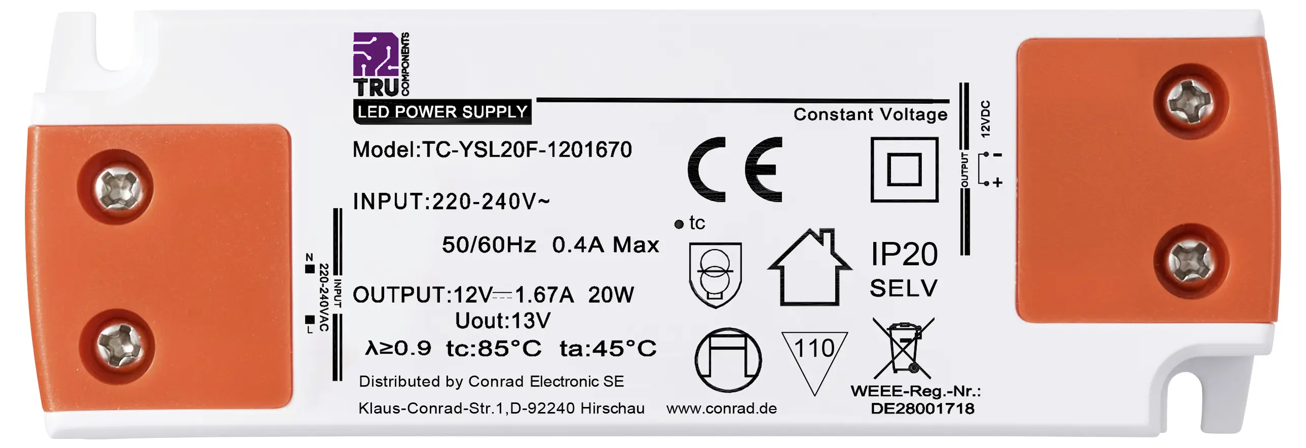 TRU COMPONENTS TC-YSL20F-1201670 Світлодіодний трансформатор Постійна напруга 20 Вт 1,67 A 12 В/DC Придатний для використання в ме