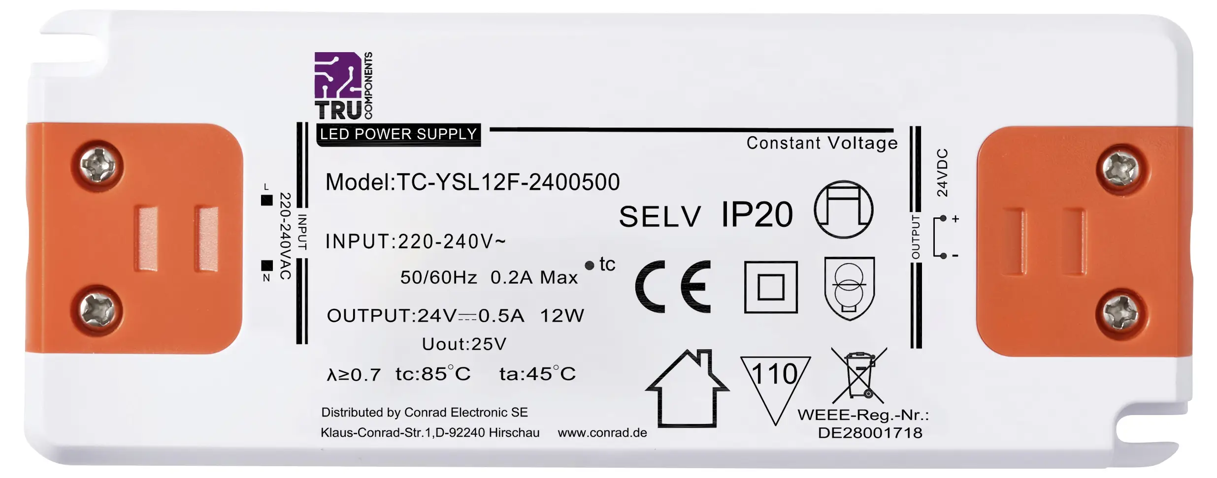 TRU COMPONENTS TC-YSL12F-2400500 Светодиодный трансформатор постоянного напряжения 12 Вт 0,5 А 24 В/DC Подходит для использования