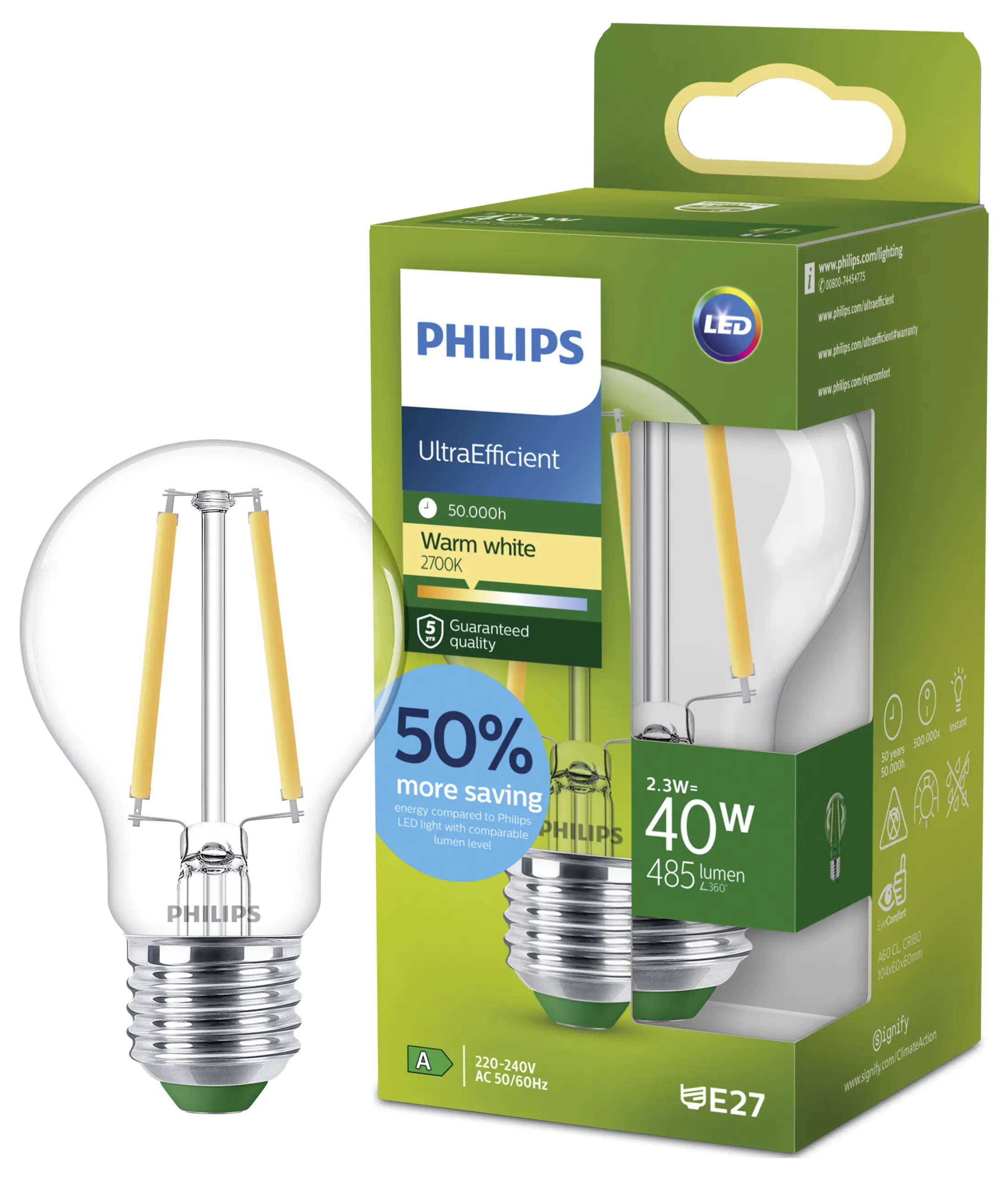 Светодиодная лампа Philips LED 929003622701 E-27 2,3 Вт = 40 Вт, теплый белый свет, 1 шт.