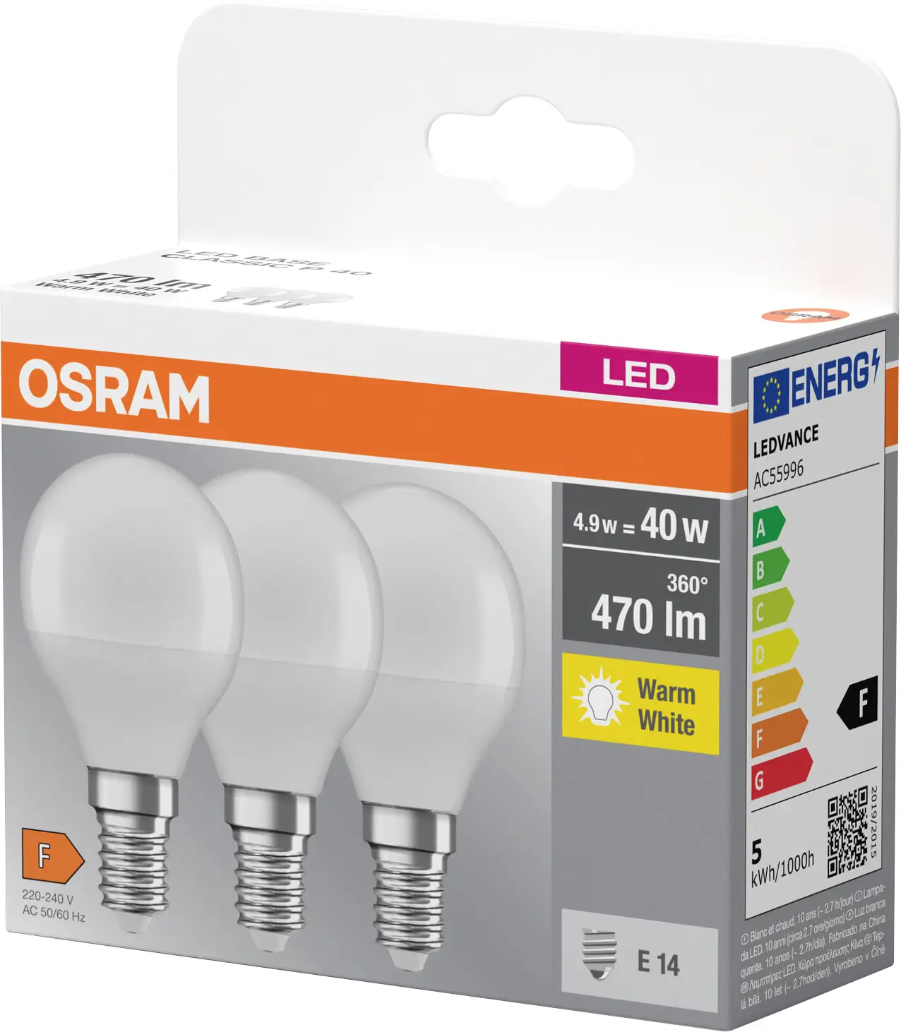 Светодиодная лампа OSRAM HOMELIGHTING 4058075090507 E14 4,9 Вт = 40 Вт теплый белый 3 шт.