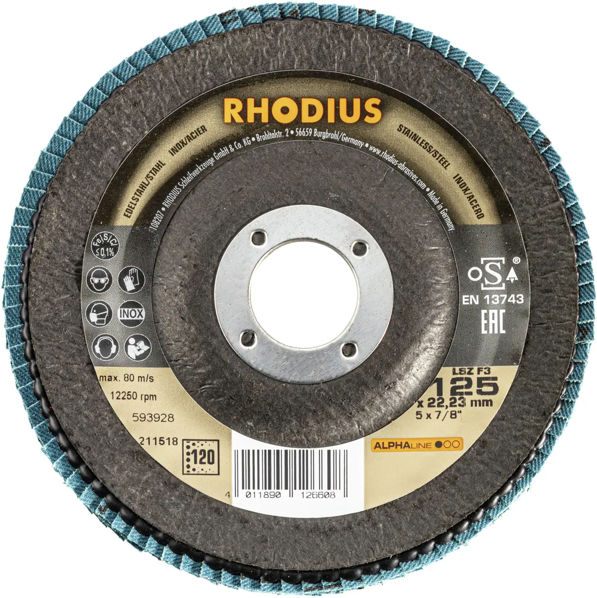 Лепестковый диск Rhodius 211518 LSZ F3, зернистость 120, нержавеющая сталь, 10 шт.