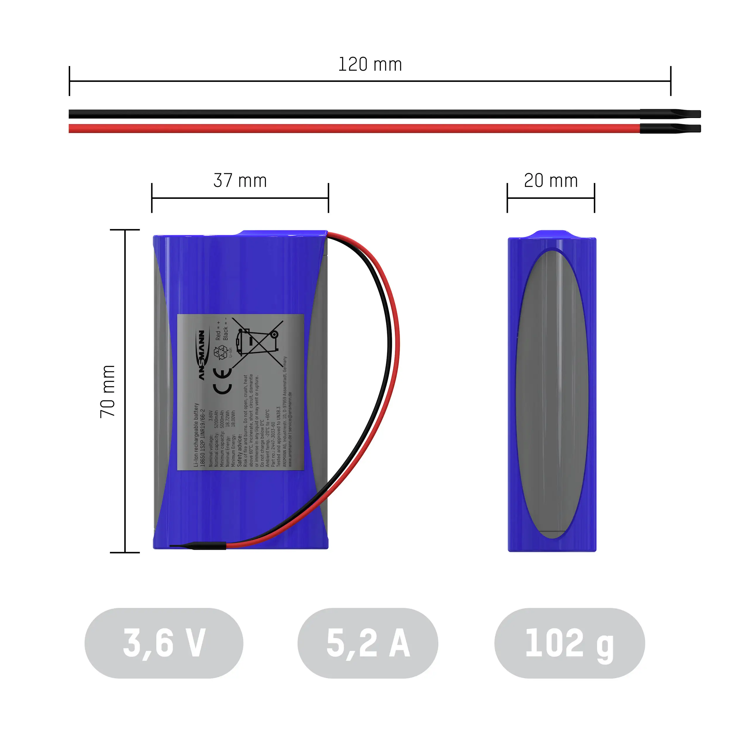 Аккумуляторный блок Ansmann 1S2P Akkupack Li-Ion, 2 x 18650 Li-Ion, 3,6 В, 5200 мАч, кабель, количество ячеек: 2, 3,6 В, 5200 мАч