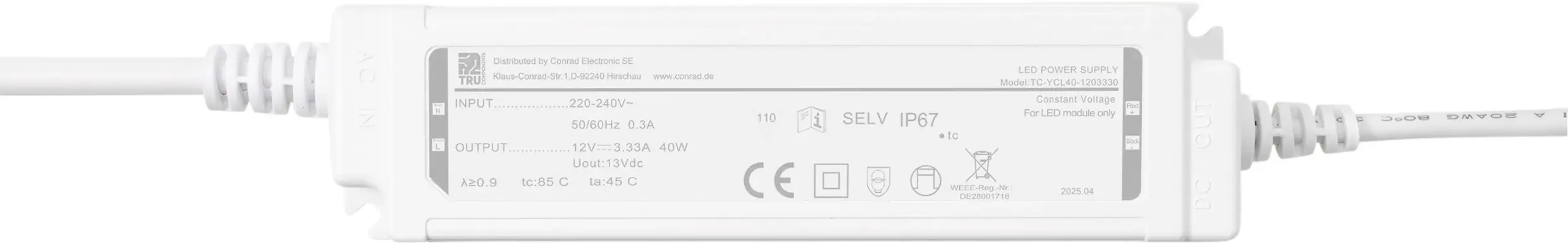TRU COMPONENTS TC-YCL40-1203330 Трансформатор для светодиодов Постоянное напряжение 40 Вт 3,33 А 12 В/DC 1 шт.