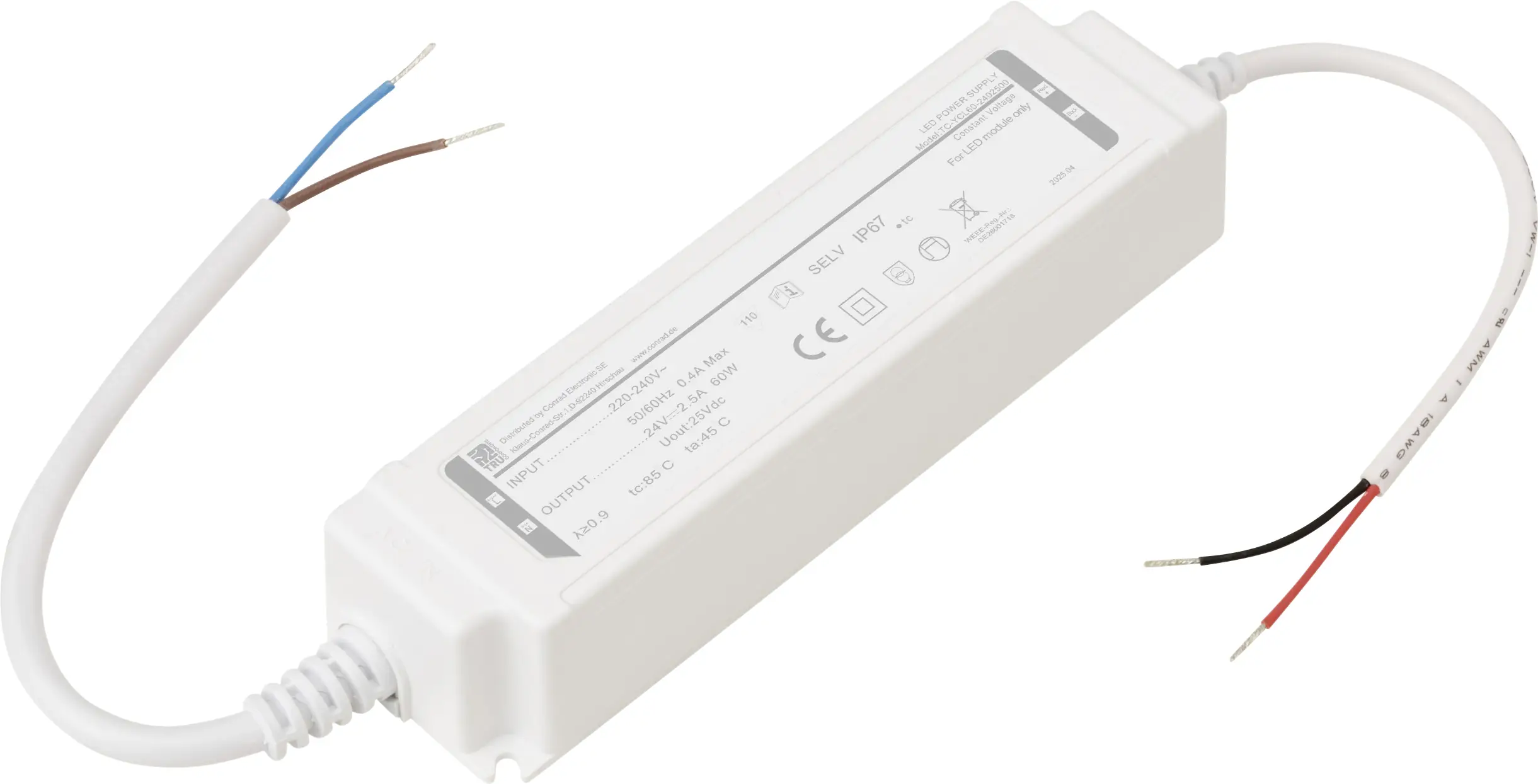 Трансформатор для светодиодов TRU COMPONENTS TC-YCL60-2402500, постоянное напряжение, 60 Вт, 2,5 А, 24 В/постоянный ток, 1 шт.