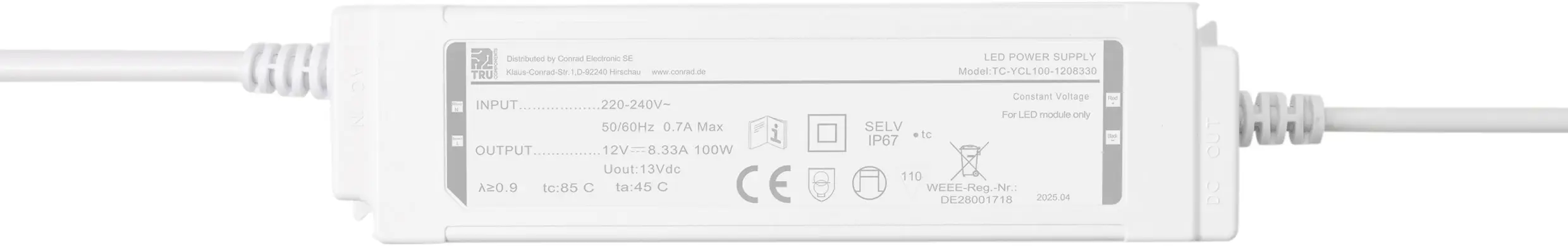Трансформатор светодиодного питания TRU COMPONENTS TC-YCL100-1208330, постоянное напряжение, 100 Вт, 8,33 А, 12 В/постоянный ток,