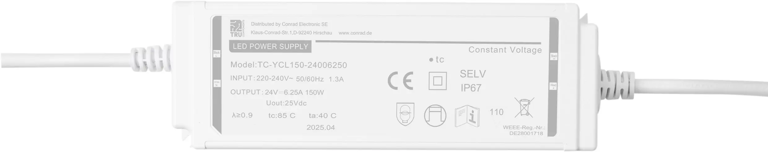 TRU COMPONENTS TC-YCL150-24006250 Світлодіодний трансформатор Постійна напруга 150 Вт 6,25 А 24 В/DC 1 шт.
