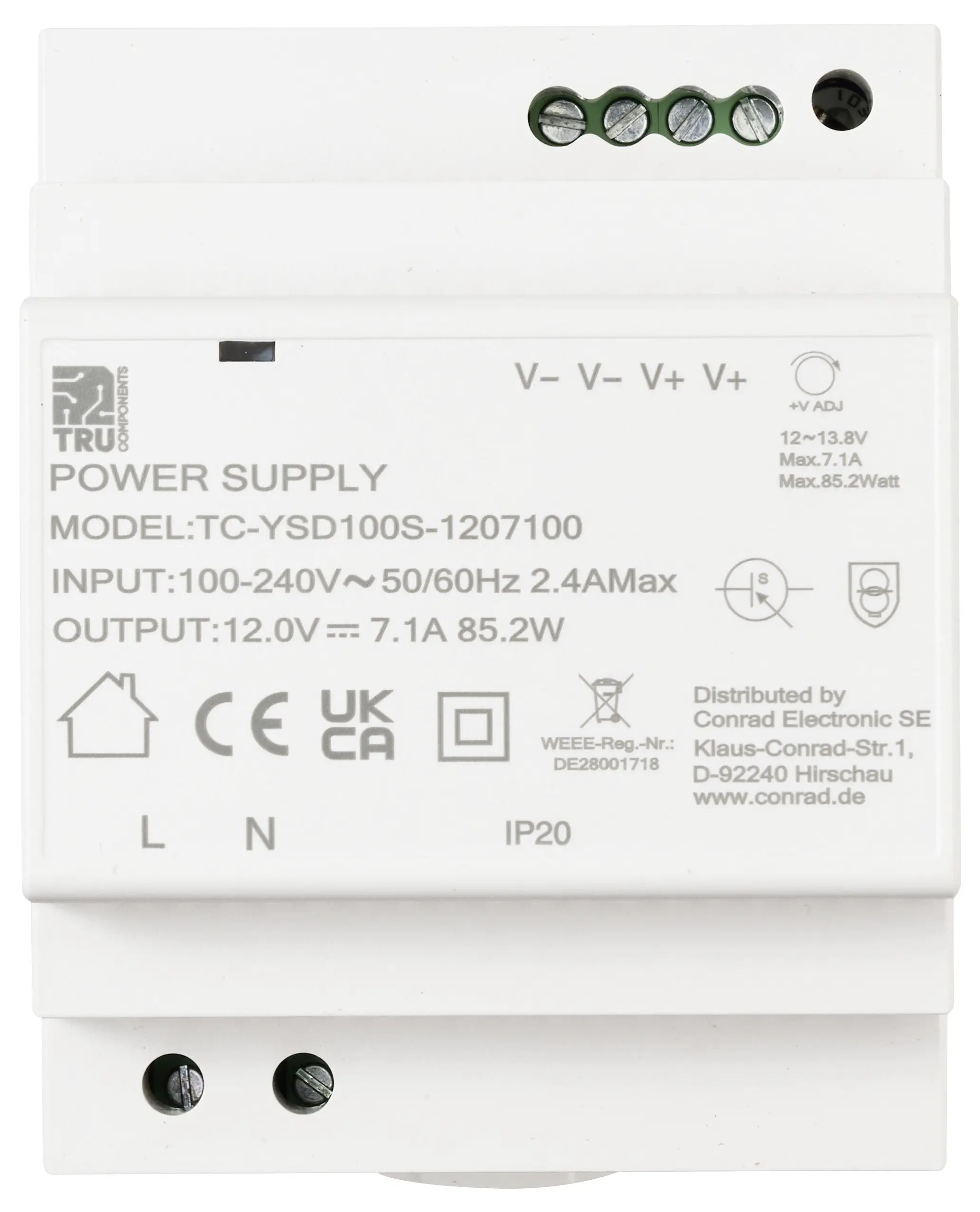 Блок живлення для DIN-рейки TRU COMPONENTS TC-13710884 Споживання (в режимі очікування) 0,3 Вт 12 В/DC 7,1 A 85,2 Вт Кількість вих