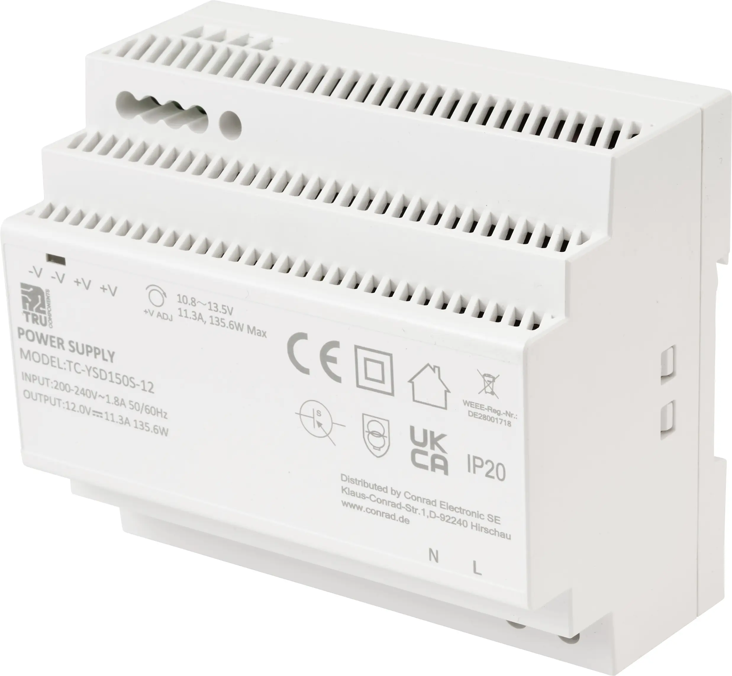 Блок живлення для DIN-рейки TRU COMPONENTS TC-13710892 Споживання (в режимі очікування) 0,3 Вт 12 В/DC 11,3 A 135,6 Вт Кількість в
