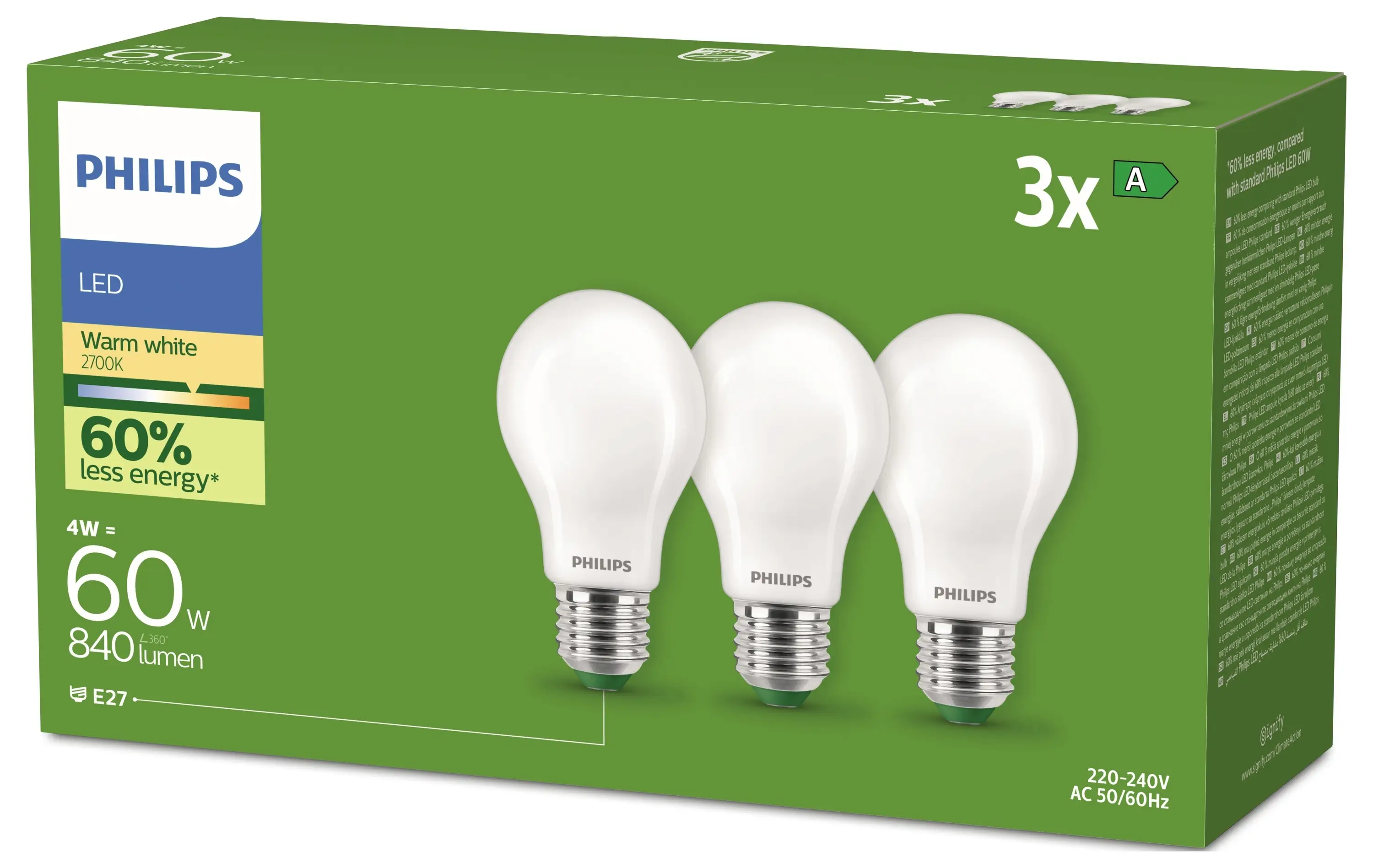 Светодиодная лампа Philips 8720169283909 E-27 4 Вт = 60 Вт 470 лм теплый белый 3 шт.