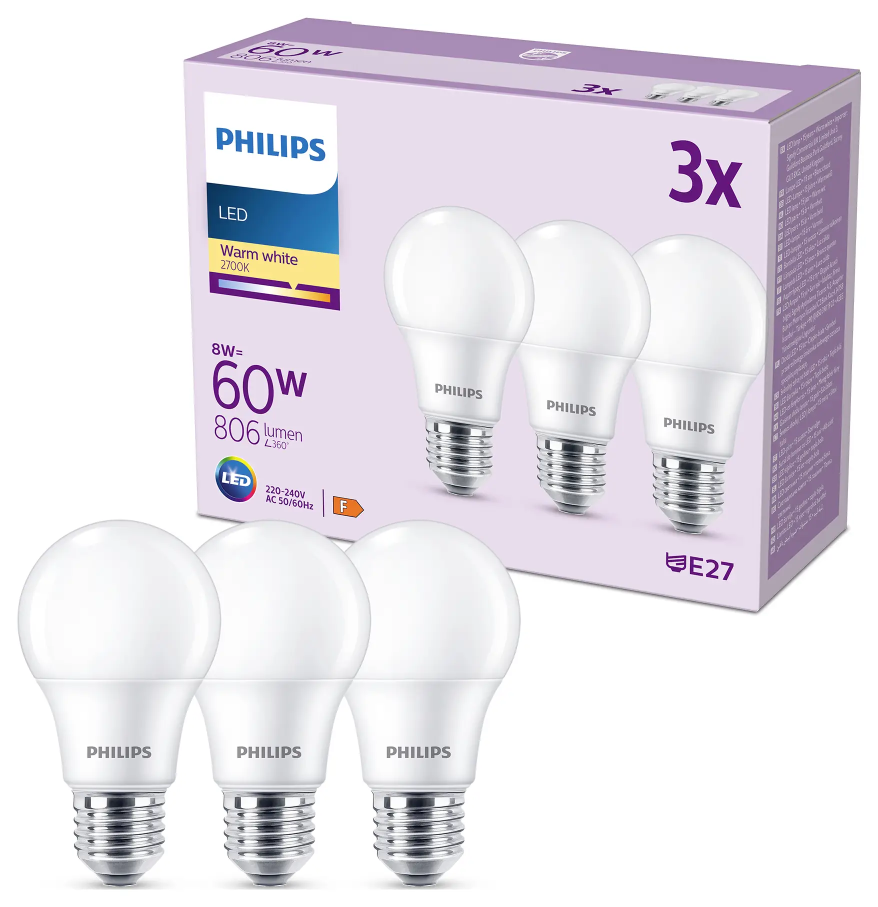 Світлодіодна лампа Philips 8719514452404 E-27 8 Вт = 60 Вт 806 лм теплий білий 3 шт.