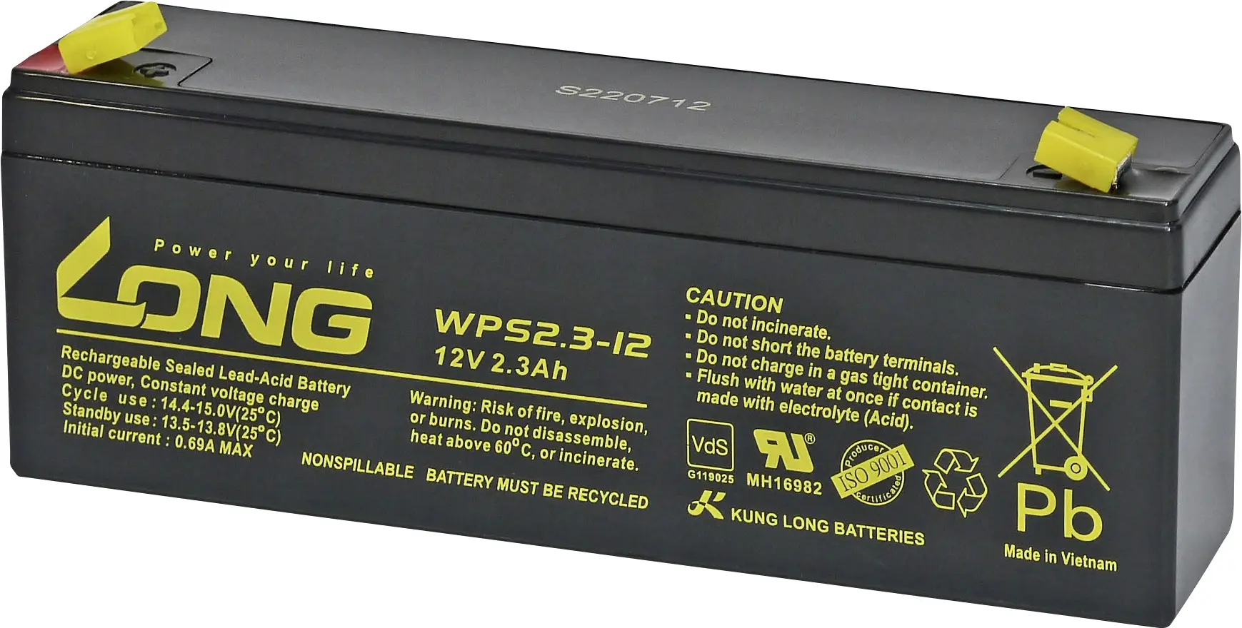 Длиннотянутый свинцово-кислотный аккумулятор AGM WPS2.3-12-M/F1 2,3 Ач 12 В, 1 шт.