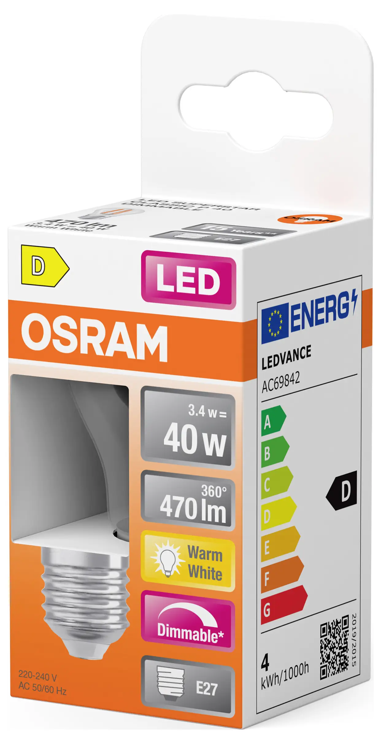 Светодиодная лампа OSRAM HOMELIGHTING 4099854443947 E-27 3,4 Вт теплый белый 1 шт.