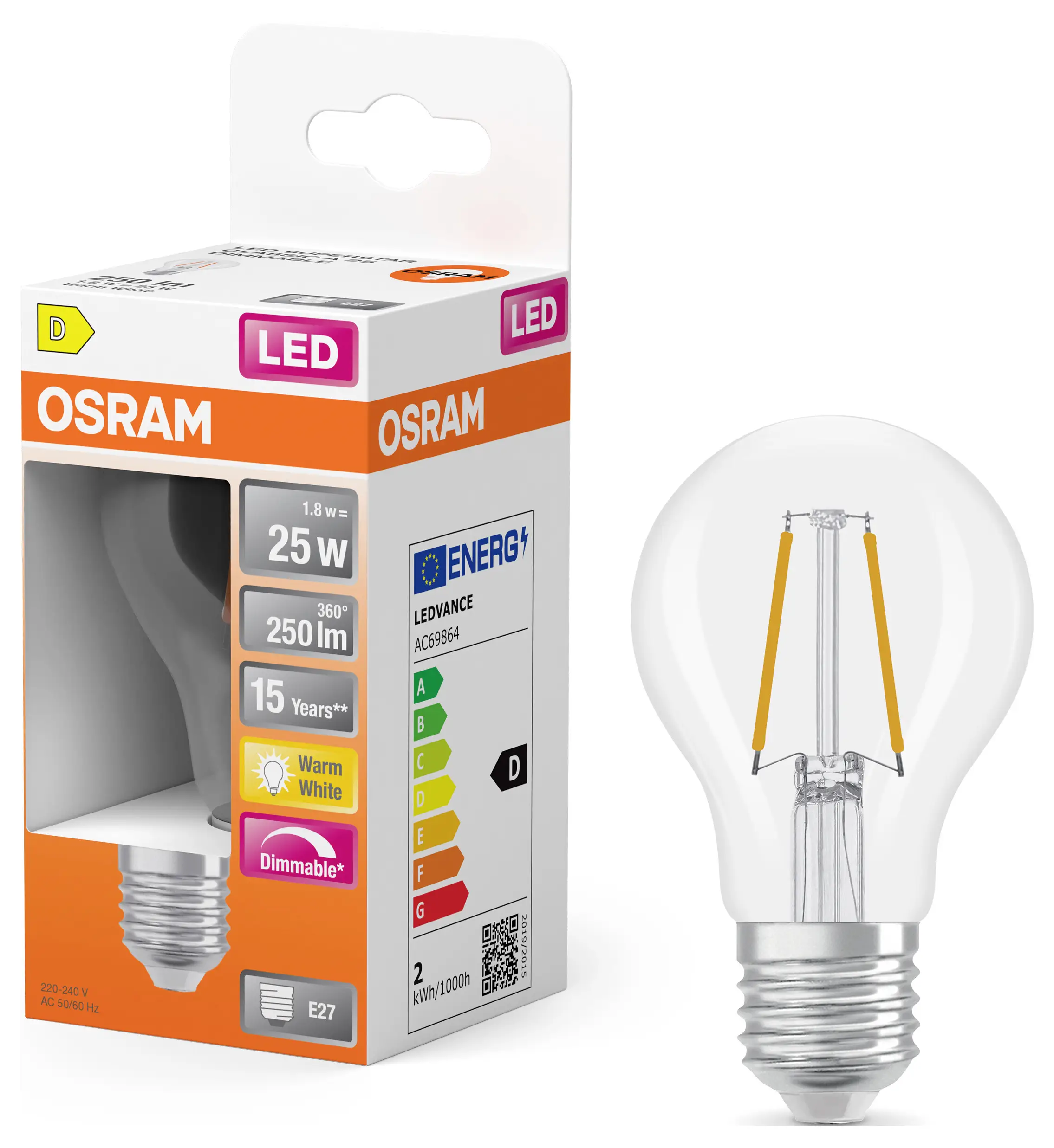 Светодиодная лампа OSRAM HOMELIGHTING 4099854443749 E-27 1,8 Вт теплый белый 1 шт.