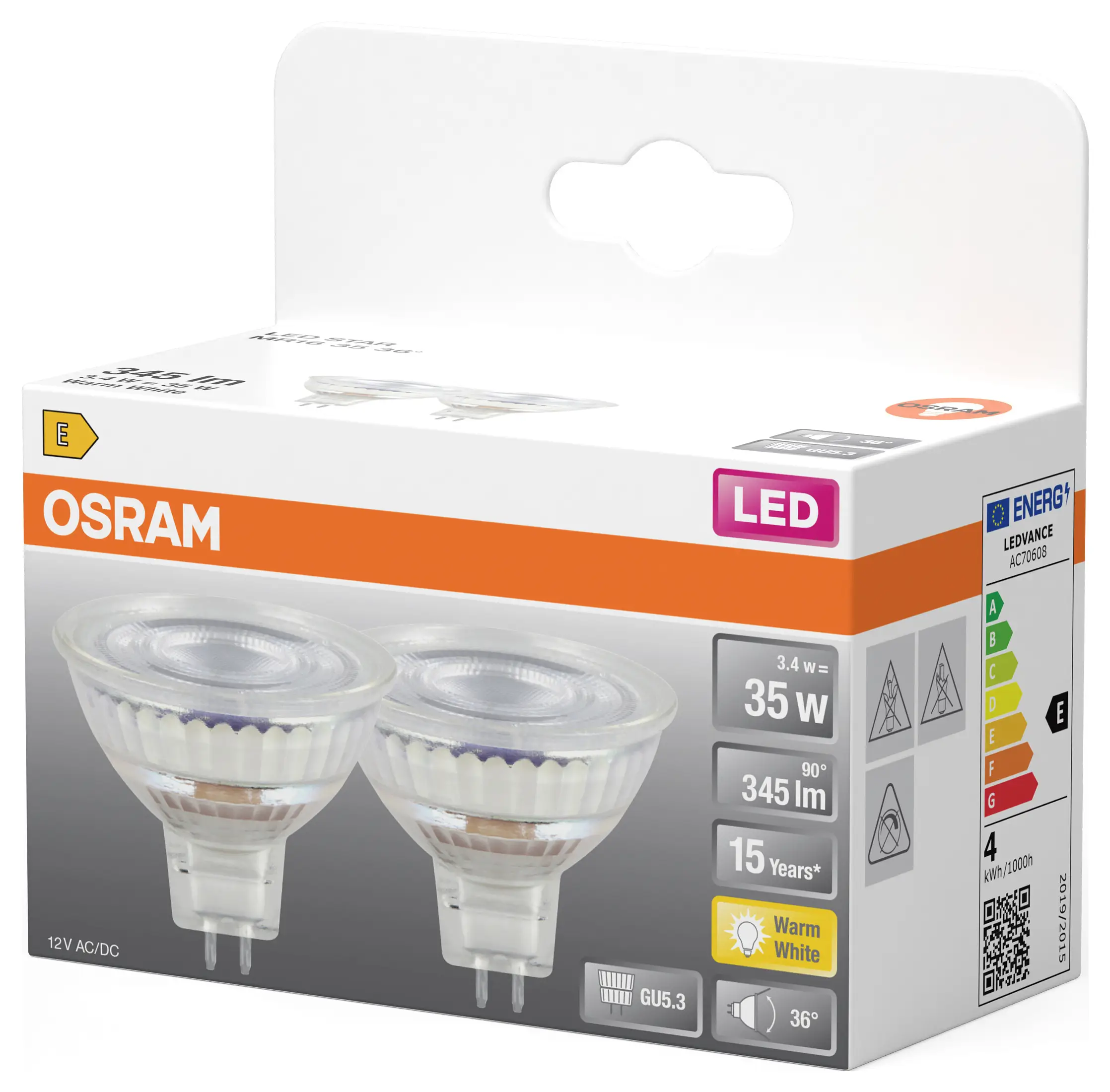 Светодиодная лампа-прожектор OSRAM HOMELIGHTING 4099854459658 GU5.3 3,4 Вт теплый белый 2 шт.