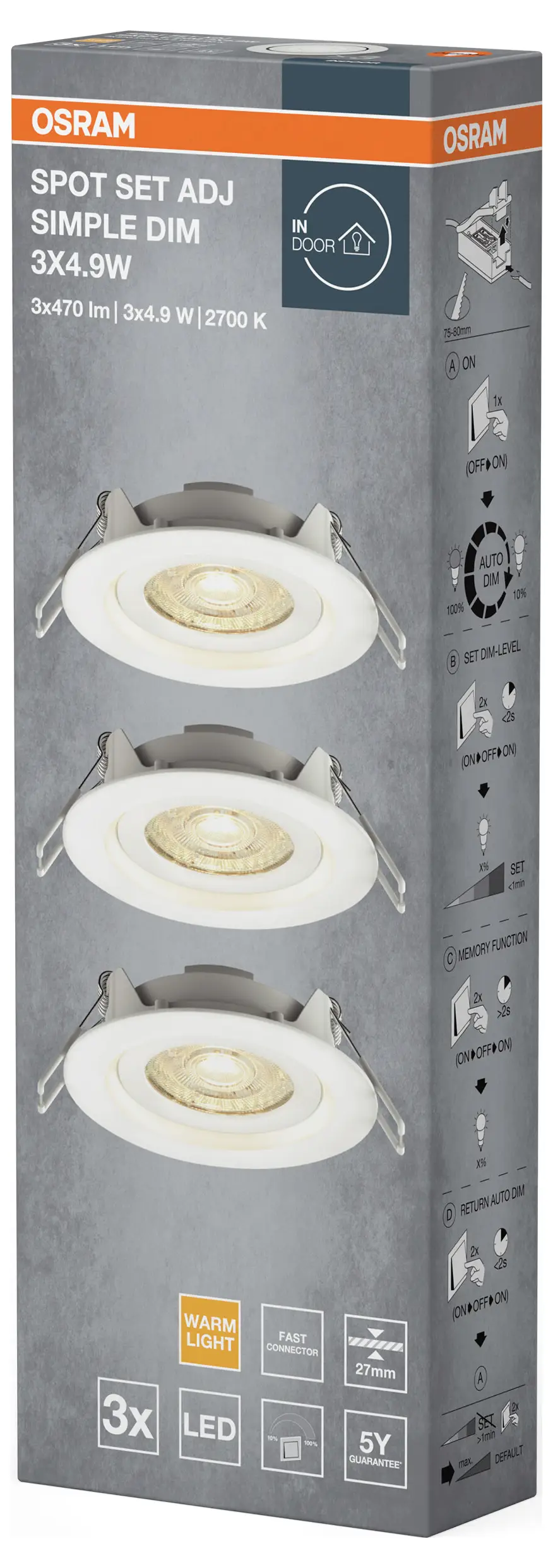 OSRAM HOMELIGHTING Spot Set Adj Simple Dim 3 x 4,9 Вт 2700 К Белый 4099854445842 4,90 Вт IP20