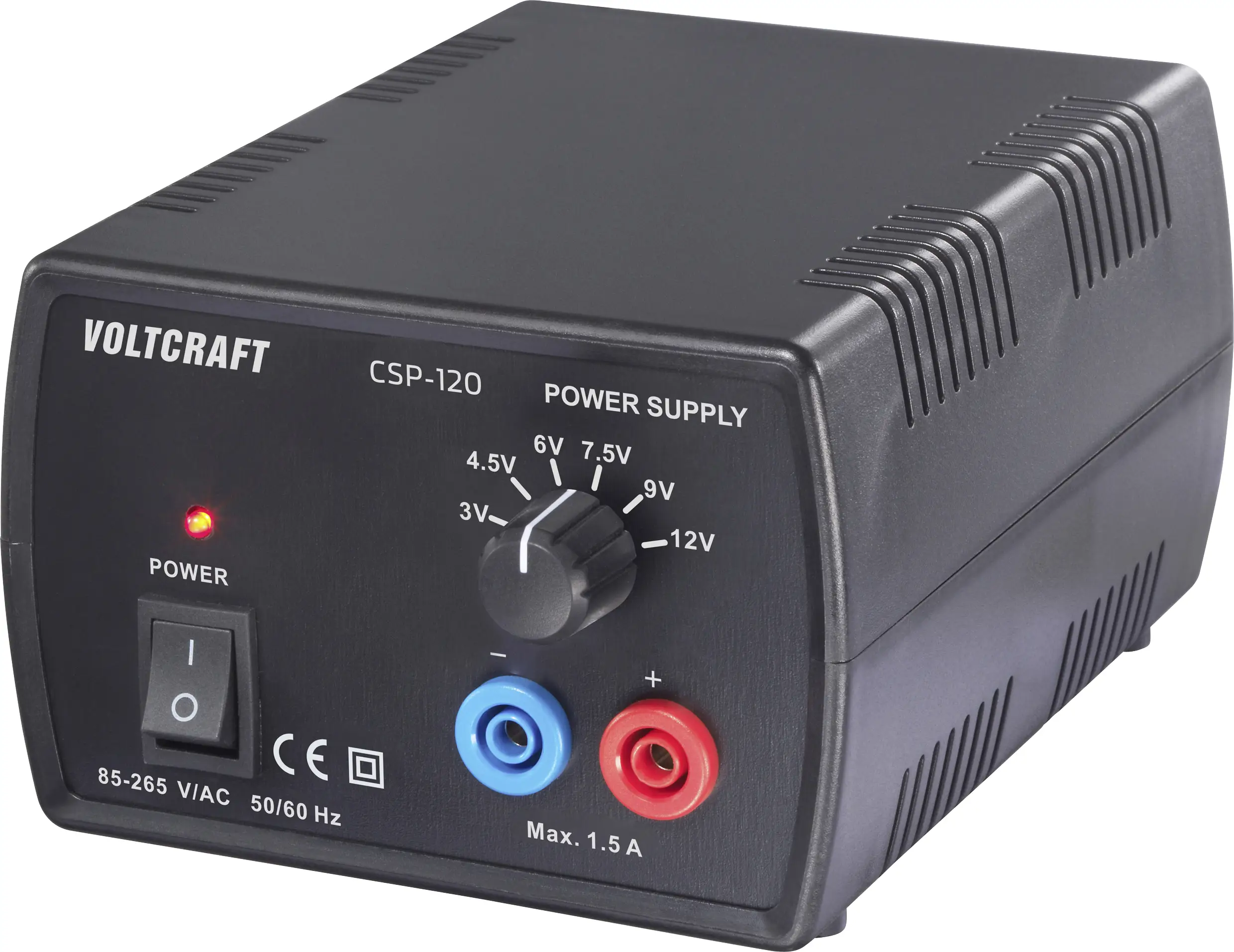 Регульований лабораторний блок живлення VOLTCRAFT CSP-120. Напруга постійного струму: 3 В, 4,5 В, 6 В, 7,5 В, 9 В, 12 В; 1,5 А (ма