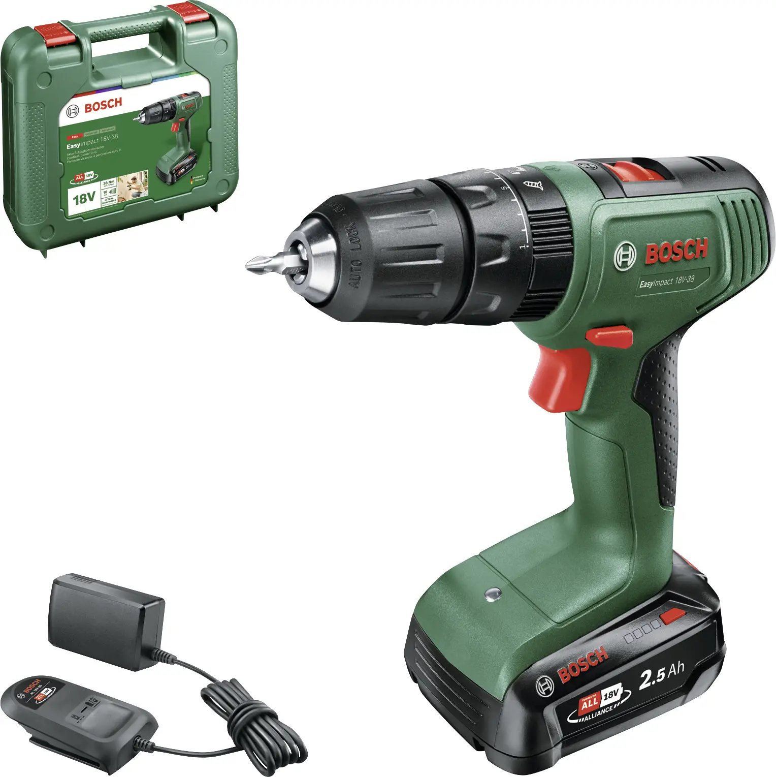 Аккумуляторная ударная дрель Bosch Home and Garden EasyImpact 18V-3, 2-скоростная, с аккумулятором, зарядным устройством и кейсом.