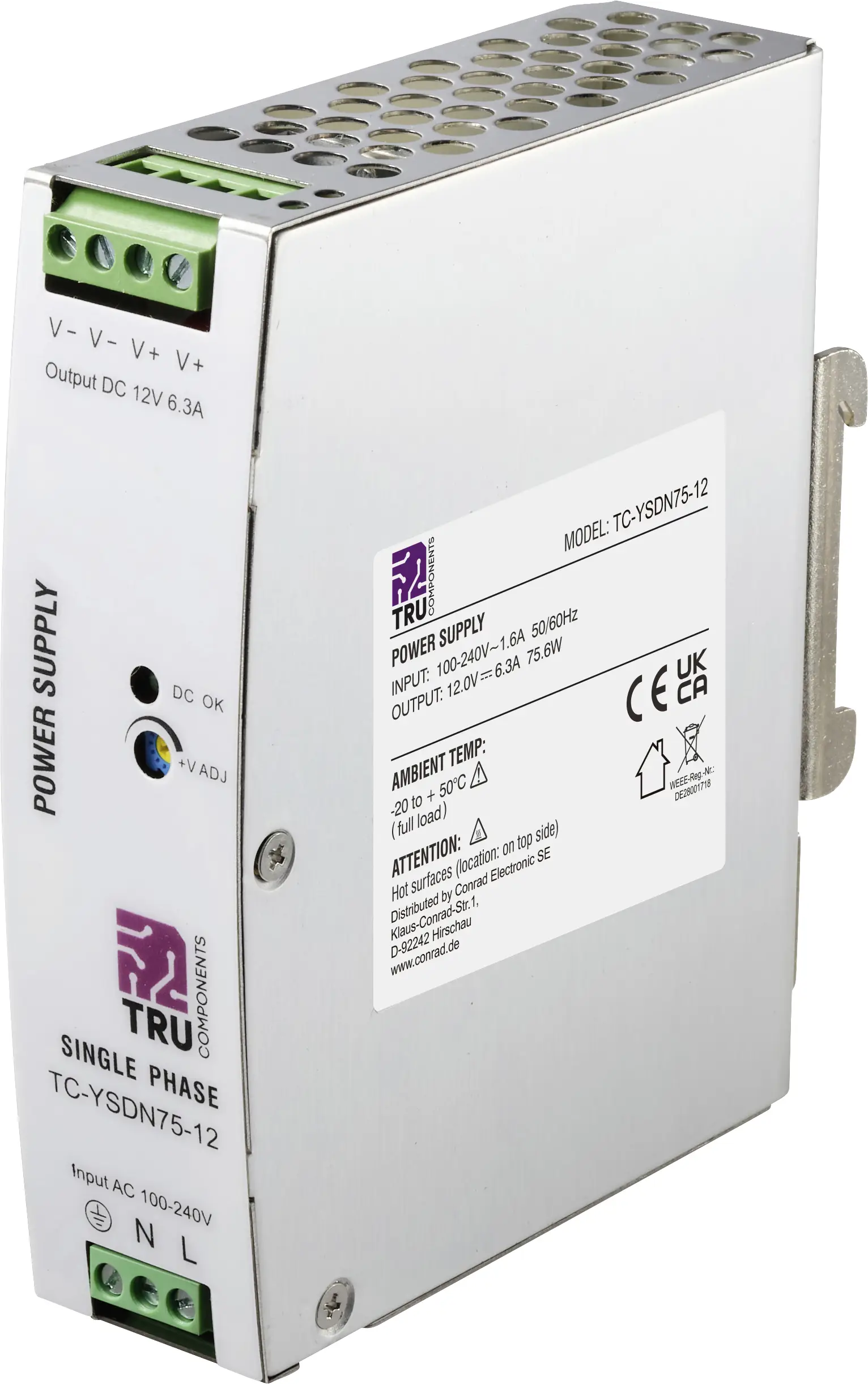 Блок живлення для DIN-рейки TRU COMPONENTS TC-13804588 12 В/DC 6,3 A 75,6 Вт Кількість виходів: 1 x Опис 1 шт.