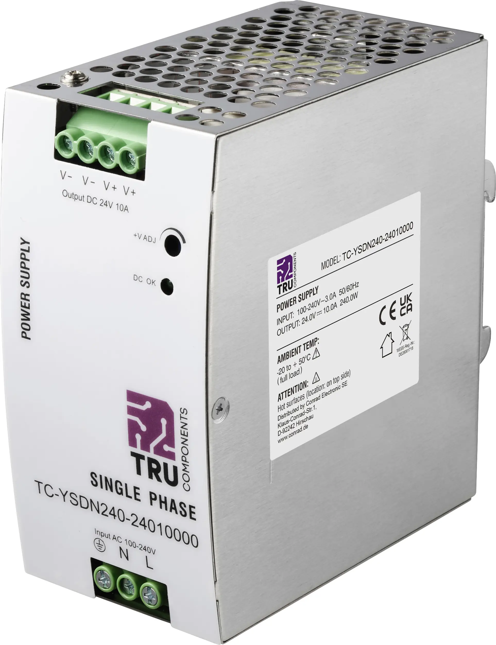 Блок питания TRU COMPONENTS TC-13807992 для DIN-рейки, 24 В/постоянный ток, 10 А, 240 Вт. Количество выходов: 1. Описание: 1 шт.