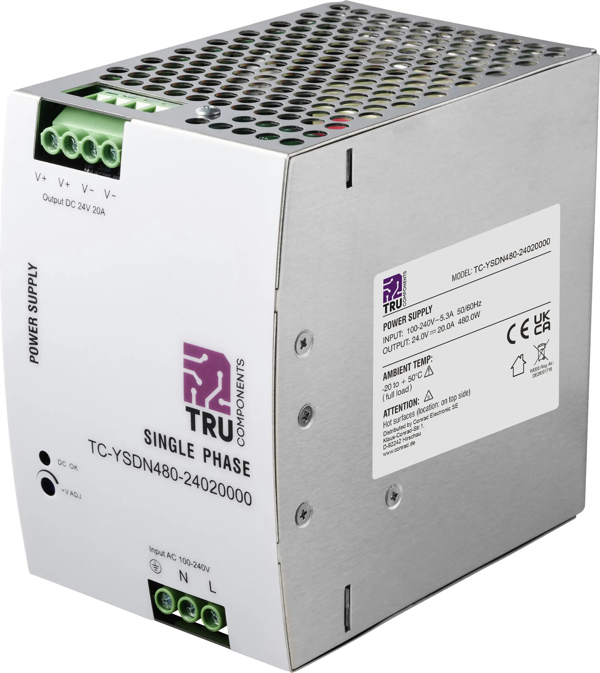Блок питания TRU COMPONENTS TC-13808000 для DIN-рейки, 24 В/постоянный ток, 20 А, 480 Вт. Количество выходов: 1. Описание: 1 шт.