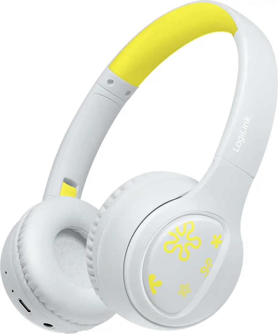 Накладні Bluetooth-навушники LogiLink BT0073BL, світло-блакитний кабель, жовті складні, обмеження гучності