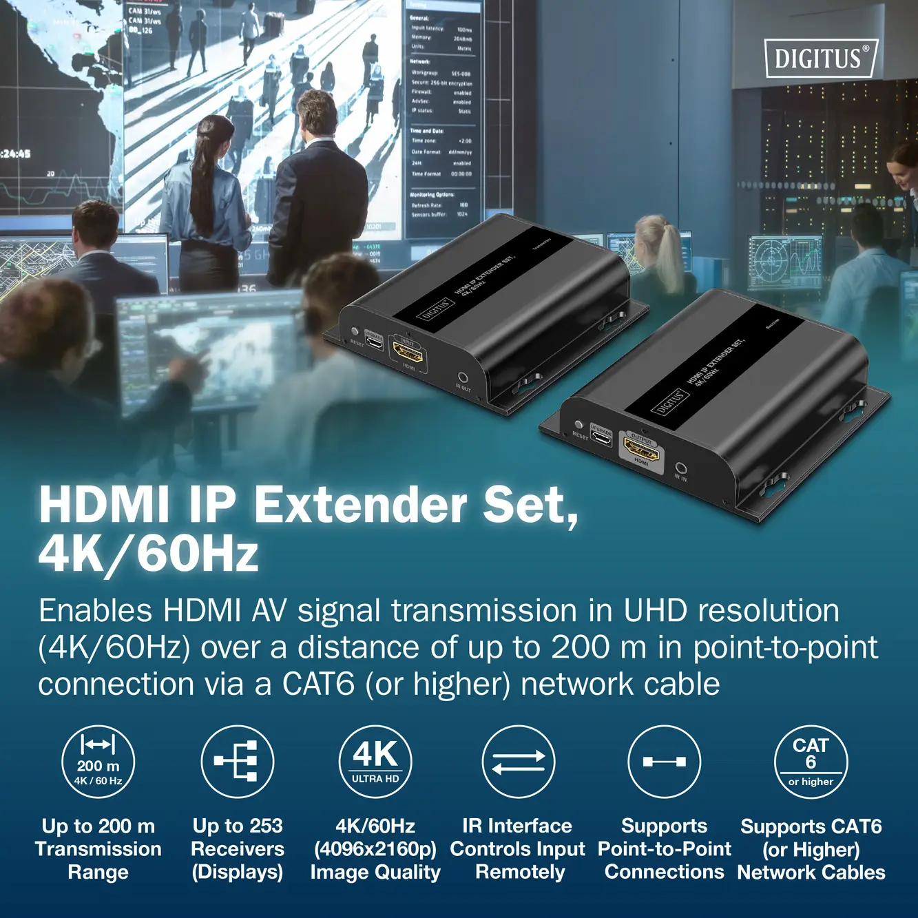 Комплект для расширения HDMI-порта Digitus DS-55351 с разъемами HDMI®, USB, USB-A, USB 1.1, RJ45, Micro USB и сетевым кабелем RJ45