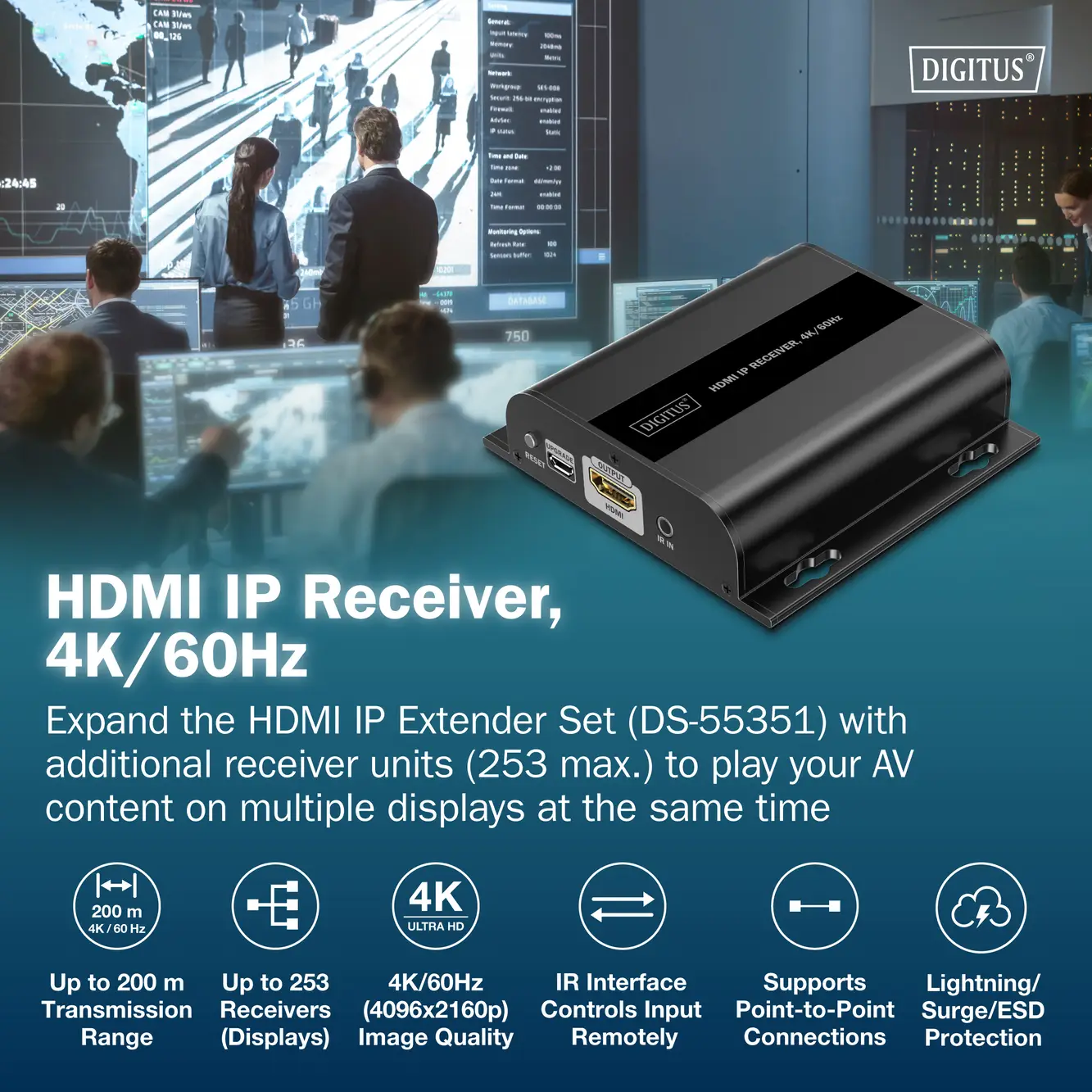 Приёмник Digitus DS-55352 HDMI, HDMI® вход, USB, USB-A, USB 1.1, RJ45, Micro USB HDMI через сетевой кабель RJ45 200 м