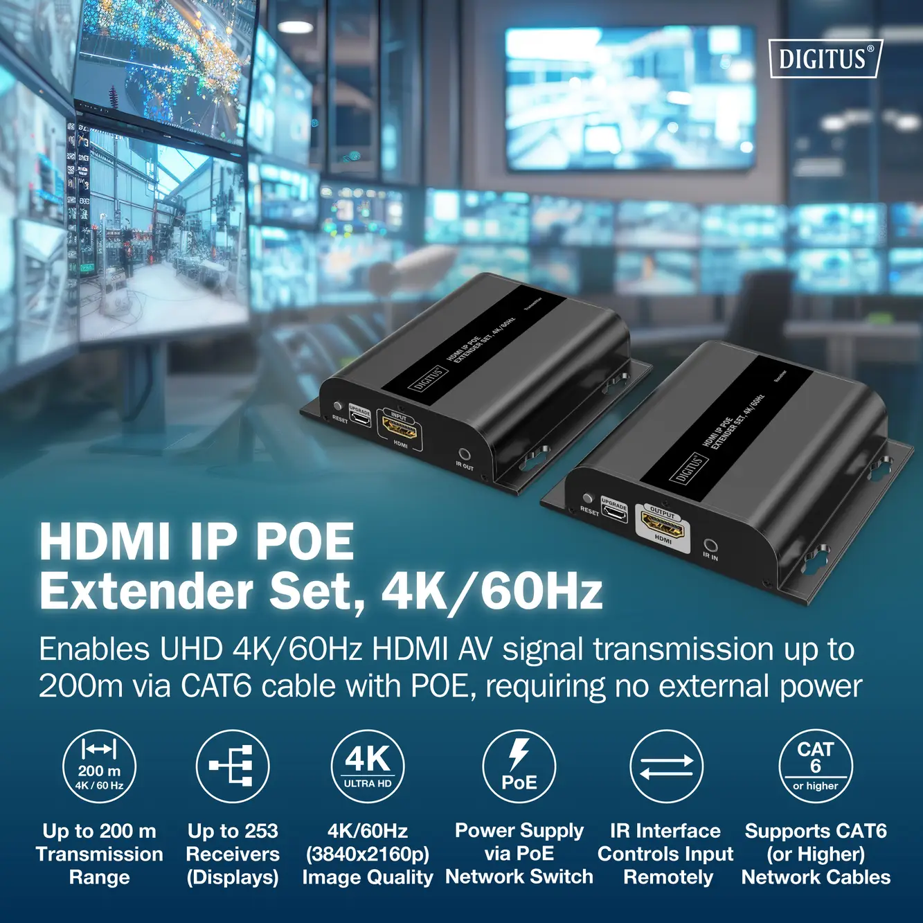 Комплект для расширения HDMI-порта Digitus DS-55353, включающий HDMI®-вход, USB, USB-A, USB 1.1, RJ45 и Micro USB, по сетевому каб