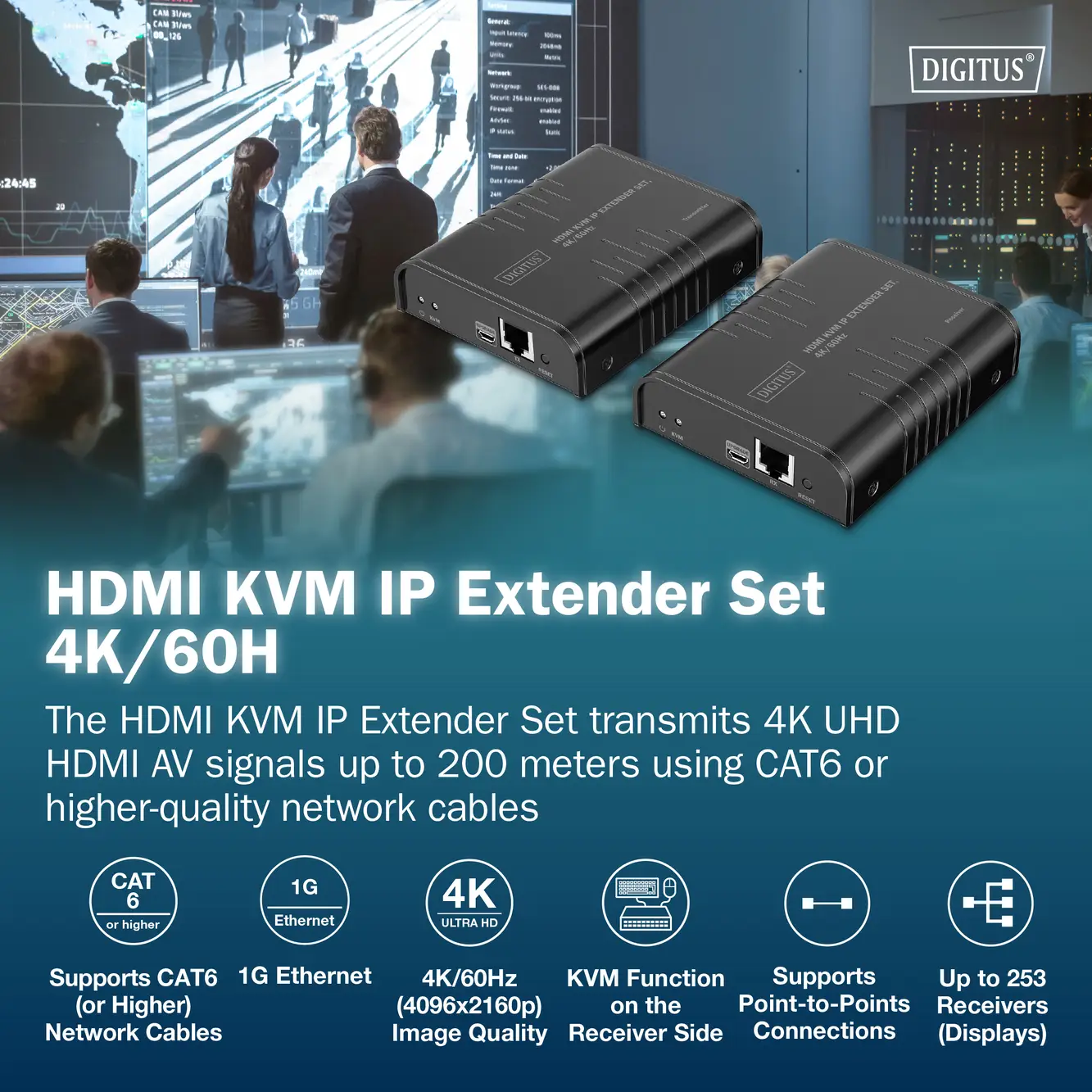 Мережевий кабель Digitus DS-55355 HDMI, вхід HDMI®, USB, USB-A, USB 1.1, RJ45, Micro USB HDMI, подовжувач через RJ45, 200 м