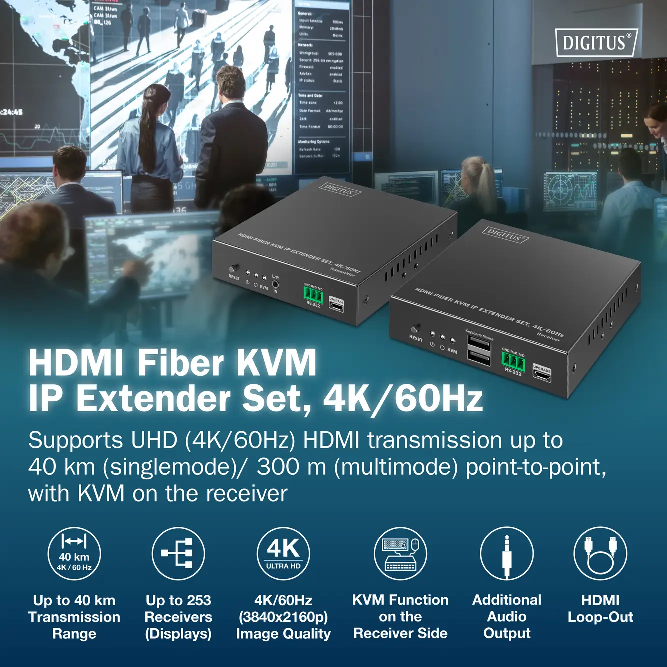 Digitus DS-55348 HDMI, HDMI® вход, HDMI® выход, SFP, USB, USB-A, USB 1.1, разъем питания, RS232, Micro USB, разъем для наушников (