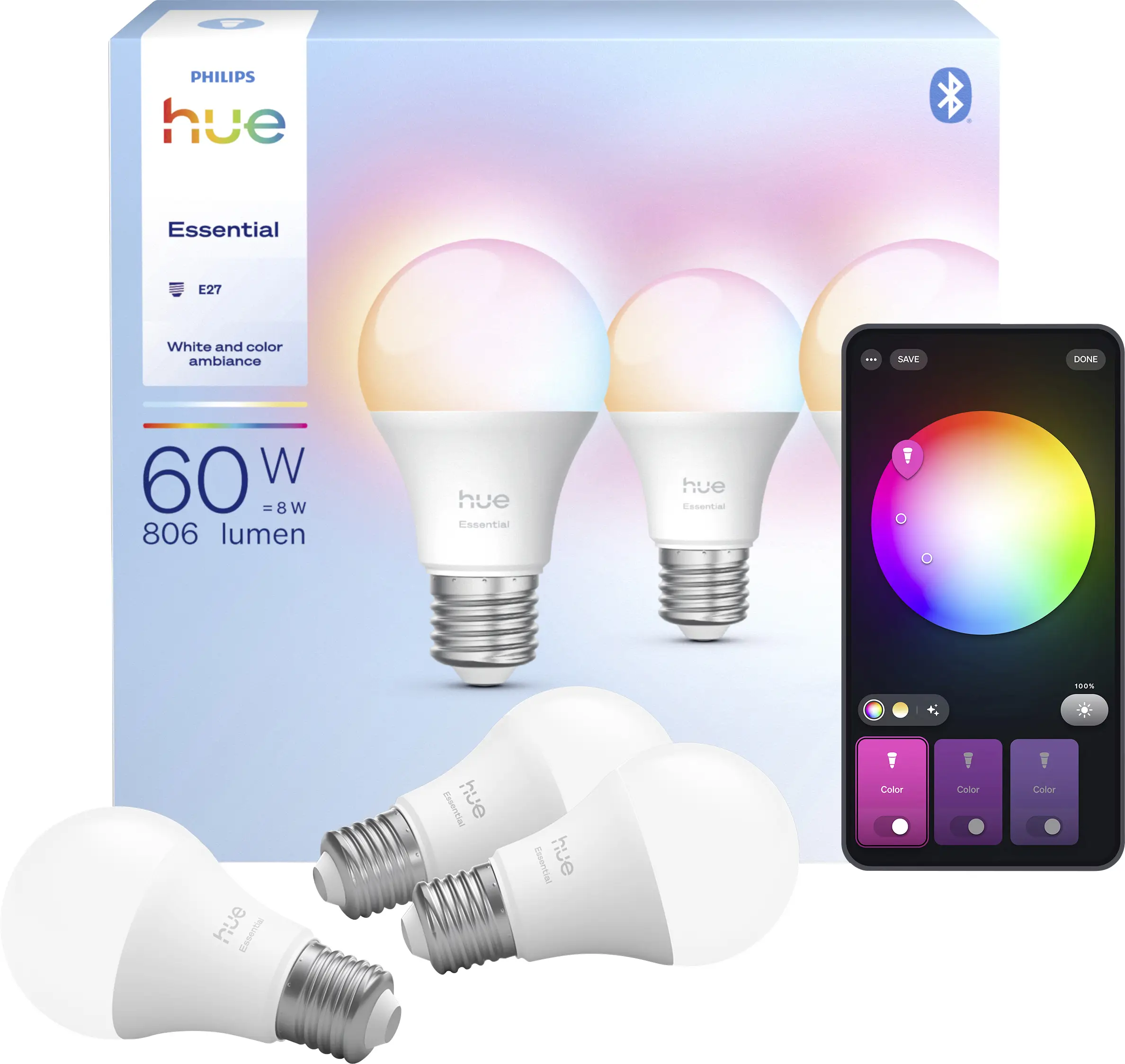 Светодиодная лампа Philips Hue 929004235407 EEK: F (A - G) Hue Essential White & Col. Amb. E-27 теплый белый дневной свет
