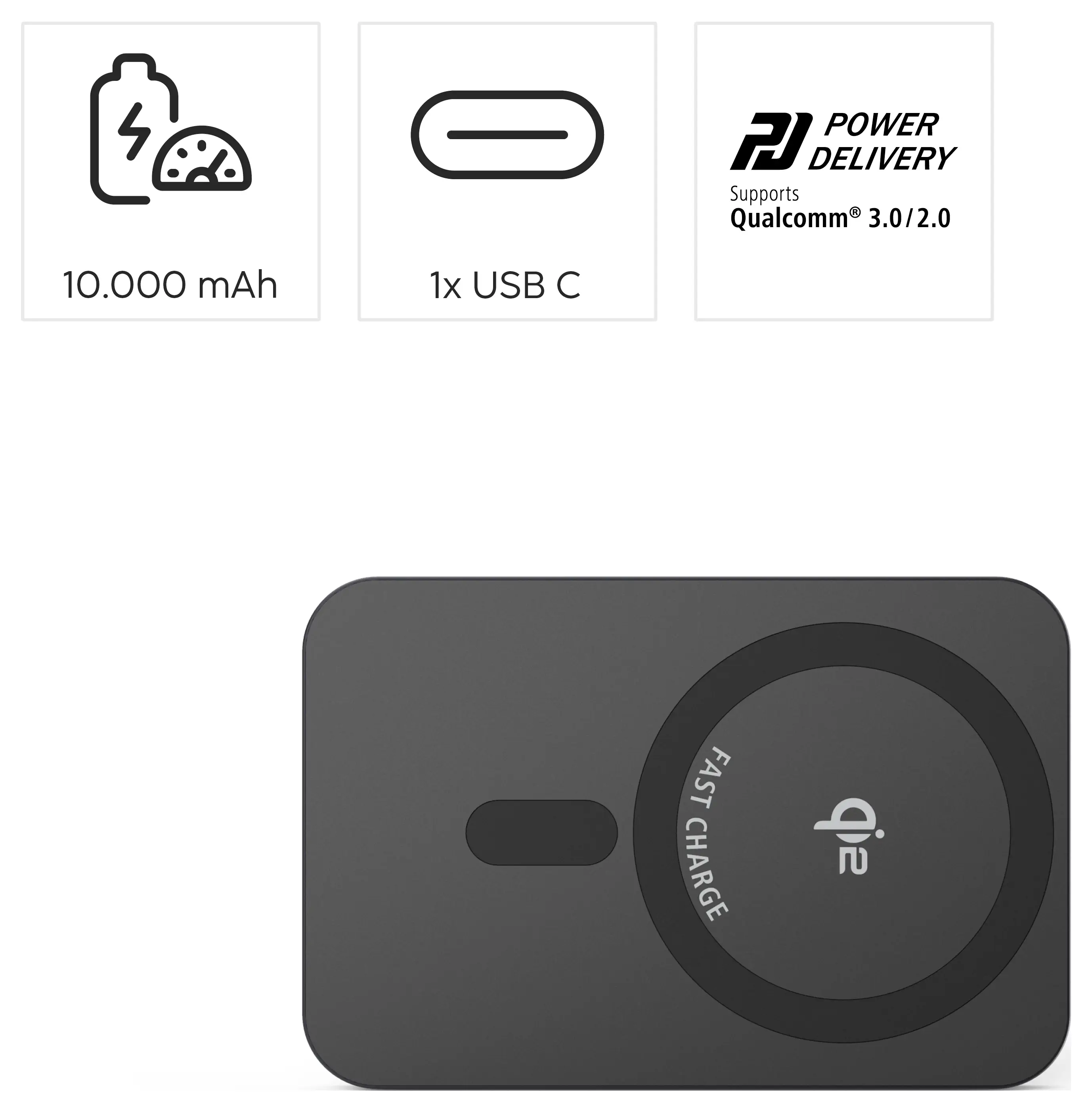 Блок питания Hama Qi2 Kabelloses Power Pack, 10000 мАч, магнитный, индуктивный, 15 Вт, Anth 10000 мАч, быстрая зарядка USB-C®