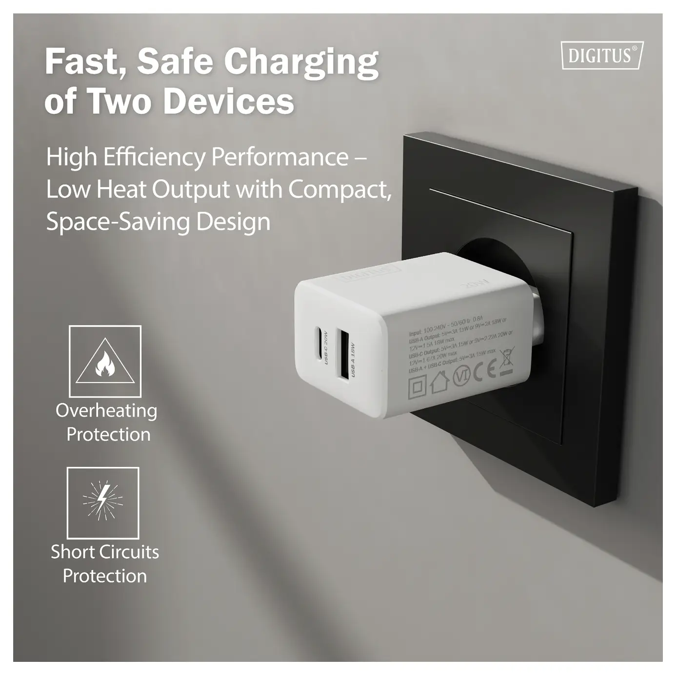Зарядний пристрій Digitus DA-10300 20 Вт USB 1x USB-A, 1x USB-C® Білий