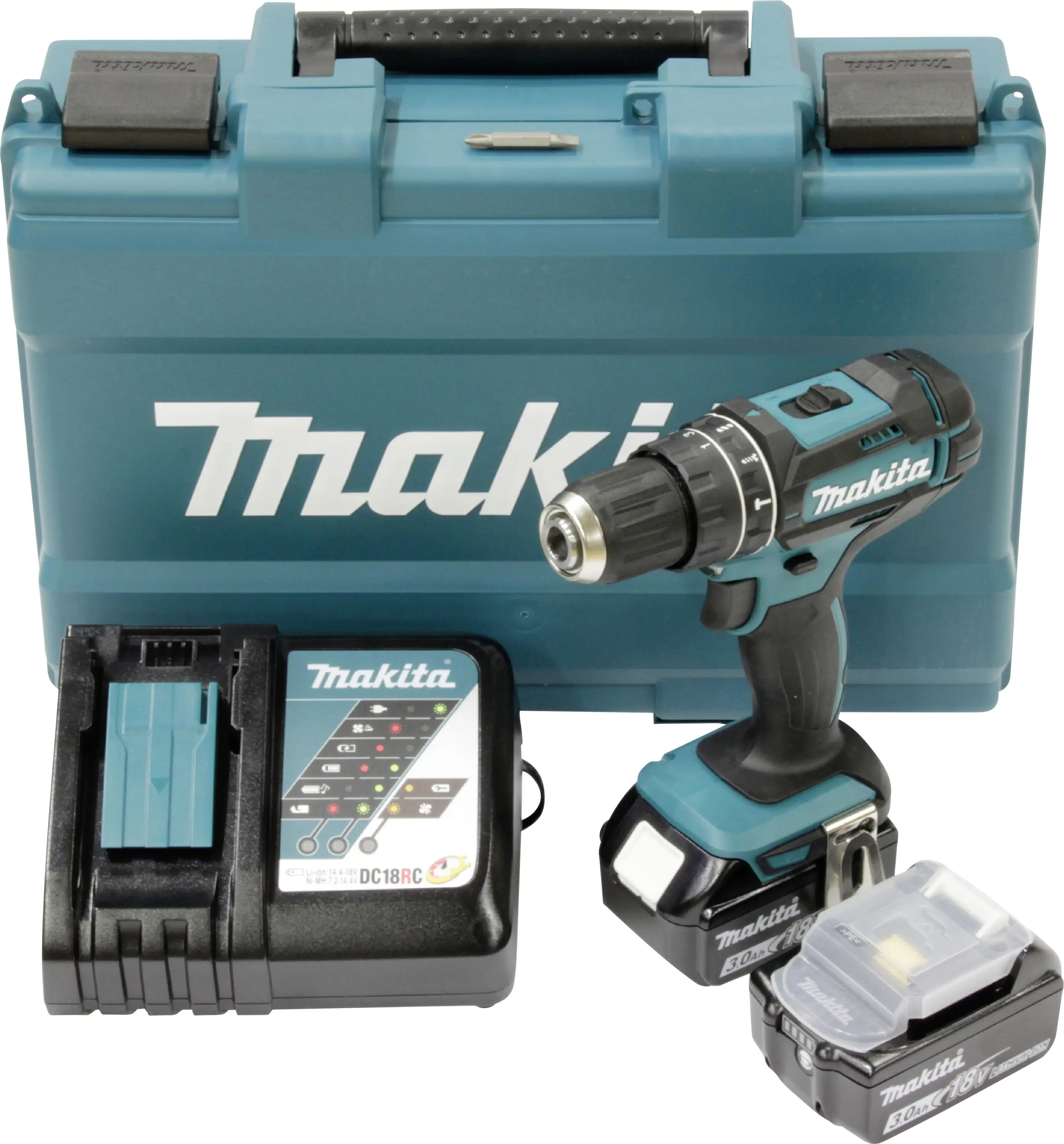 Аккумуляторный ударный шуруповерт Makita DHP482RFE DHP482RFE 18 В 3,0 Ач, в комплекте 2 аккумулятора и зарядное устройство.