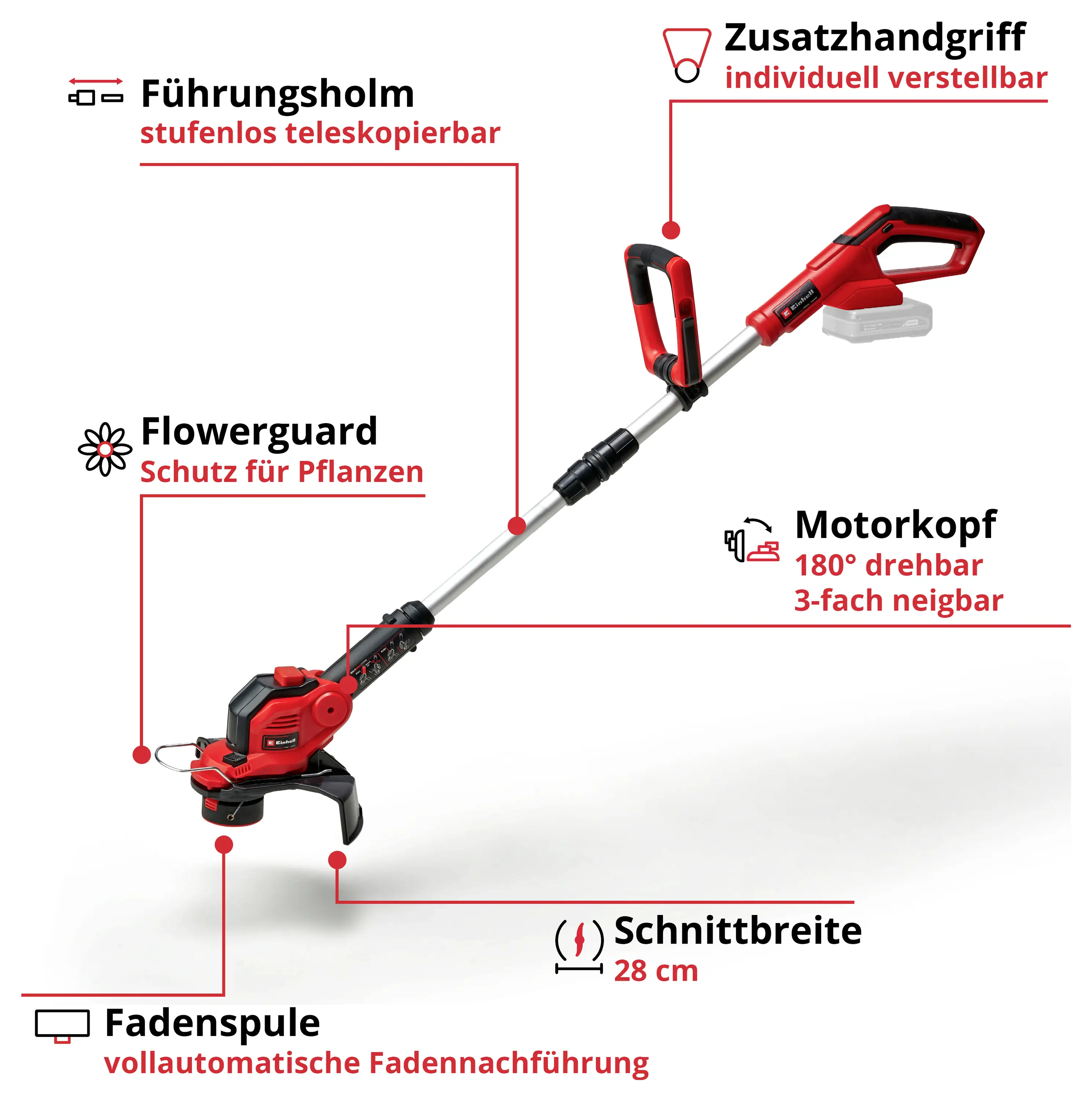 Аккумуляторный триммер для травы Einhell GE-CT 18/28 Li, в комплекте аккумулятор, регулируемая рукоятка, зарядное устройство, аксе